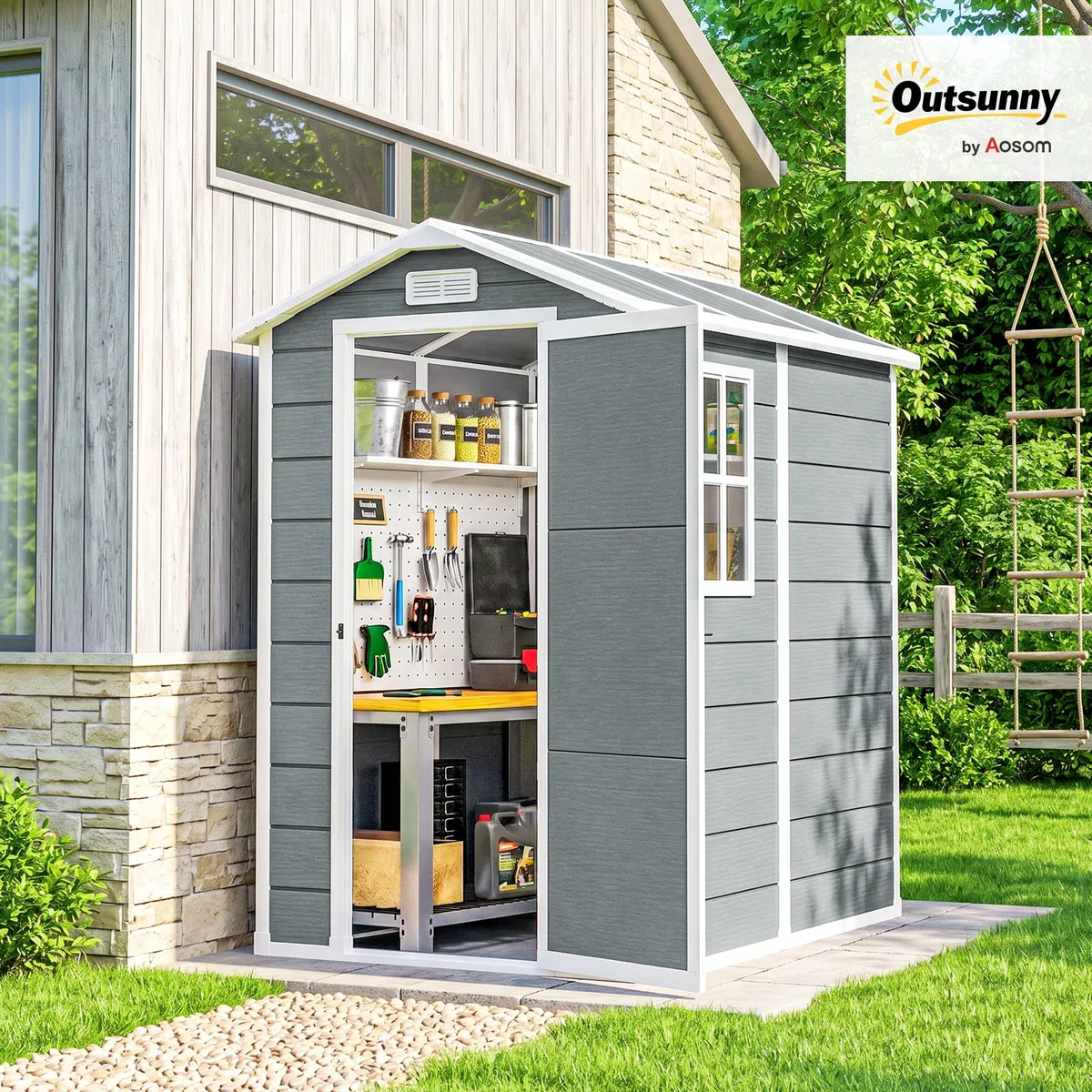 Outsunny Domek na narzędzia 2,1 m², wodoszczelny domek ogrodowy z podłogą i dachem jednospadowym, 131 x 186 x 198/172 cm, szopa na narzędzia z zamykanymi drzwiami, okno, garaż rowerowy z tworzywa