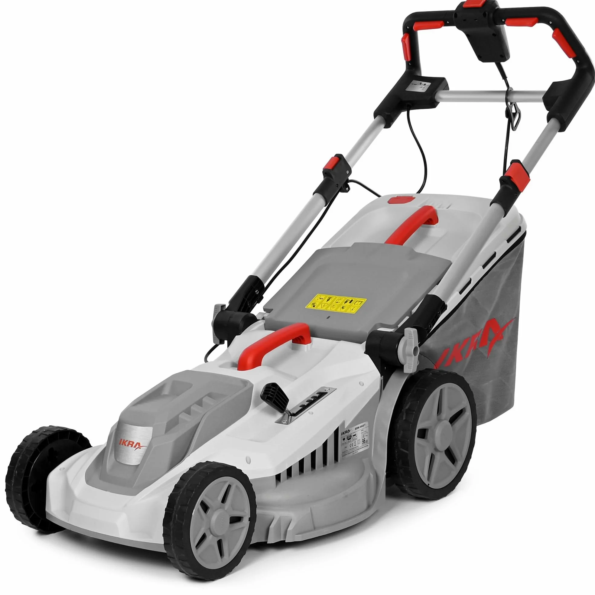 IKRA Kosiarka elektryczna IERM 2043 T, 2000W, szerokość koszenia 43 cm | 3-stopniowa regulacja uchwytu, 5 wysokości koszenia 30–75 mm, kosz 50 l i zestaw do mulczowania, hartowany nóż