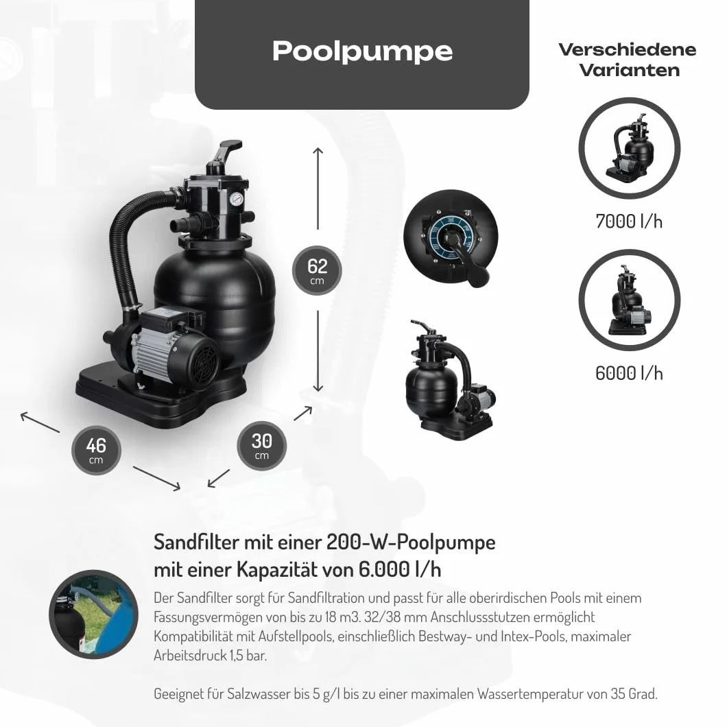 COIL Pompa z filtrem piaskowym, filtr piaskowy z pompą basenową, pompa basenowa, pompa samozasysająca, zawór 7-drożny z manometrem, przyłącze Ø 32/38 mm, maks. ciśnienie robocze 1,5 bar
