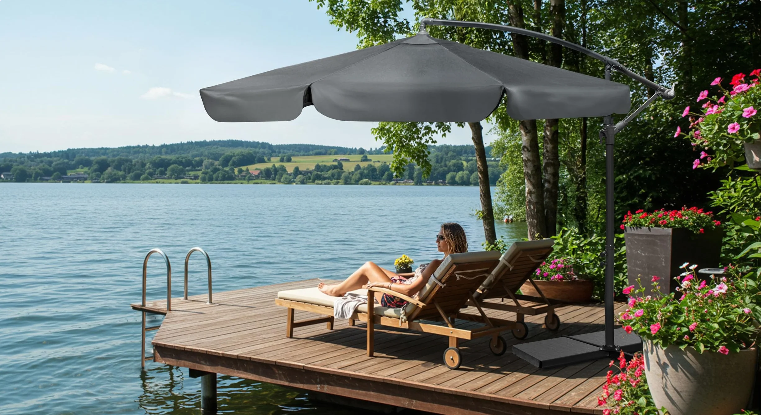 Parasol Ogrodowy Przeciwsłoneczny Wodoodporny Składany Z Wysięgnikiem Pokrowcem 6 Segmentów Ø 350 cm Szary