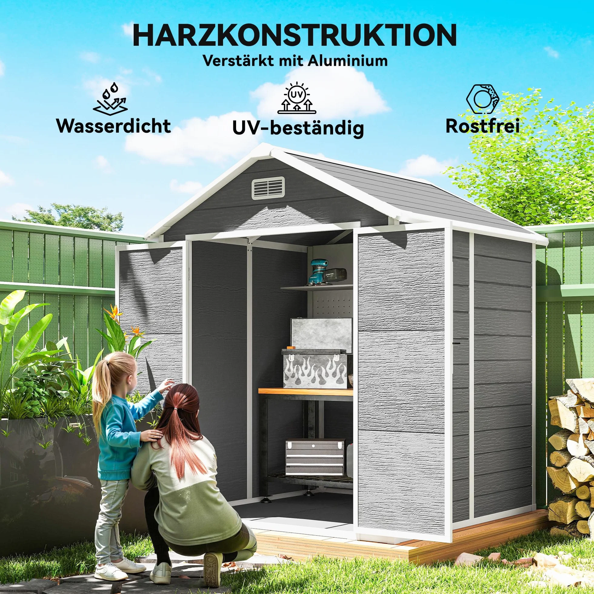 Outsunny Domek na narzędzia 2,4 m², wodoszczelny domek ogrodowy z podłogą, dach dwuspadowy, 182 x 151 x 219/181 cm, szopa na narzędzia z zamykanymi drzwiami, oknem, garaż rowerowy z tworzywa
