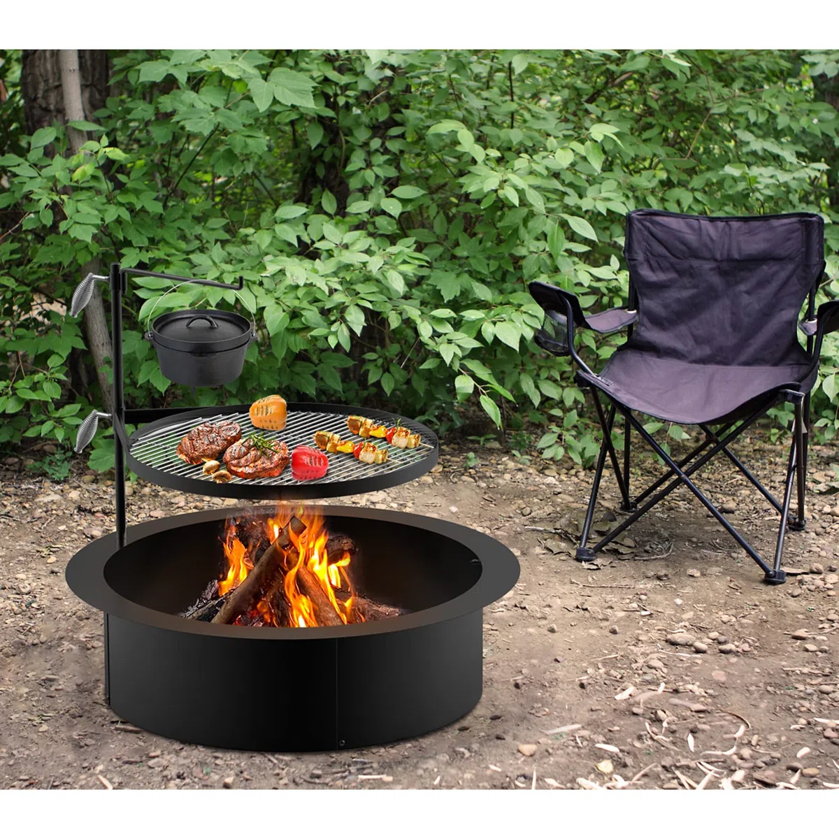 Onlyfire palenisko z rusztem grillowym 56 cm i prętem do grilla, przenośny grill ogniskowy ze stali nierdzewnej do gotowania na świeżym powietrzu na otwartym ogniu na kemping i piknik na świeżym powietrzu
