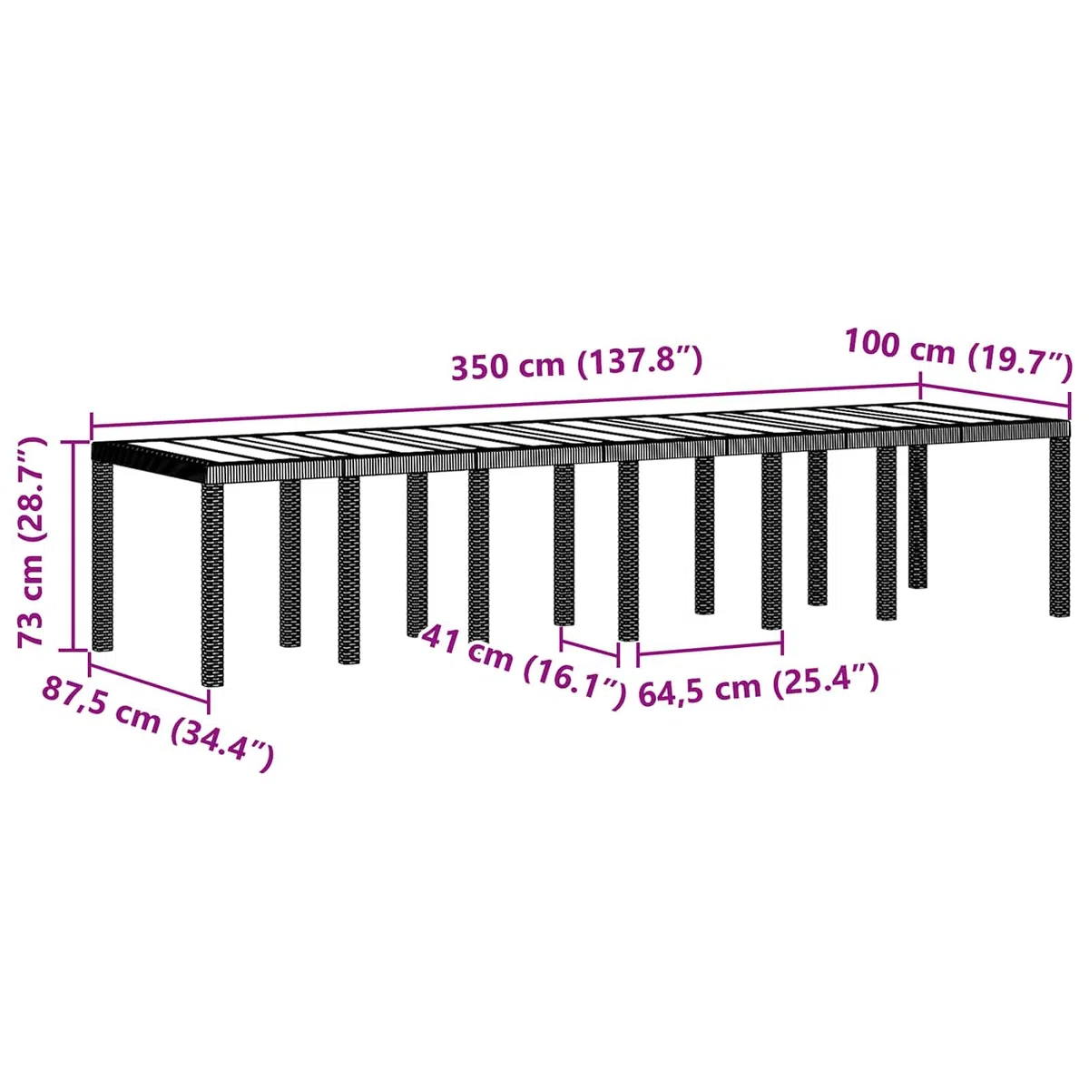 Stół ogrodowy, jasnoszary, polirattanowy, 350 x 100 x 74 cm, stabilny, wytrzymały, odporny na warunki atmosferyczne, na balkon, taras, werandę, idealny do grillowania, jedzenia, pikniku