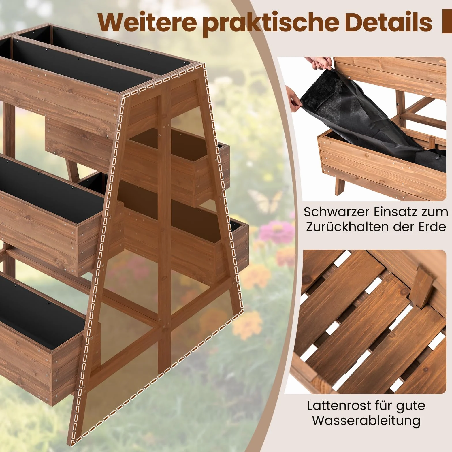 COSTWAY Pionowa podwyższona grządka z 3 poziomami 6 skrzynek drewniana brązowa 126 x 90