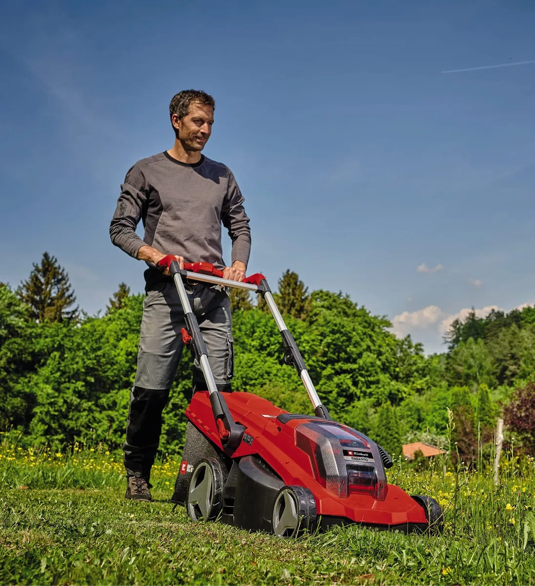 Zest. akum. kosiarki Einhell RASARRO 36/40 Power X-Change (36 V, szer. koszenia 40 cm, do 500 m², bezsz., kosz na trawę 50 l, wys. koszenia 25-75 mm, w zest. 2 x 4,0 Ah + 1x podwójna ład. Twincharger)
