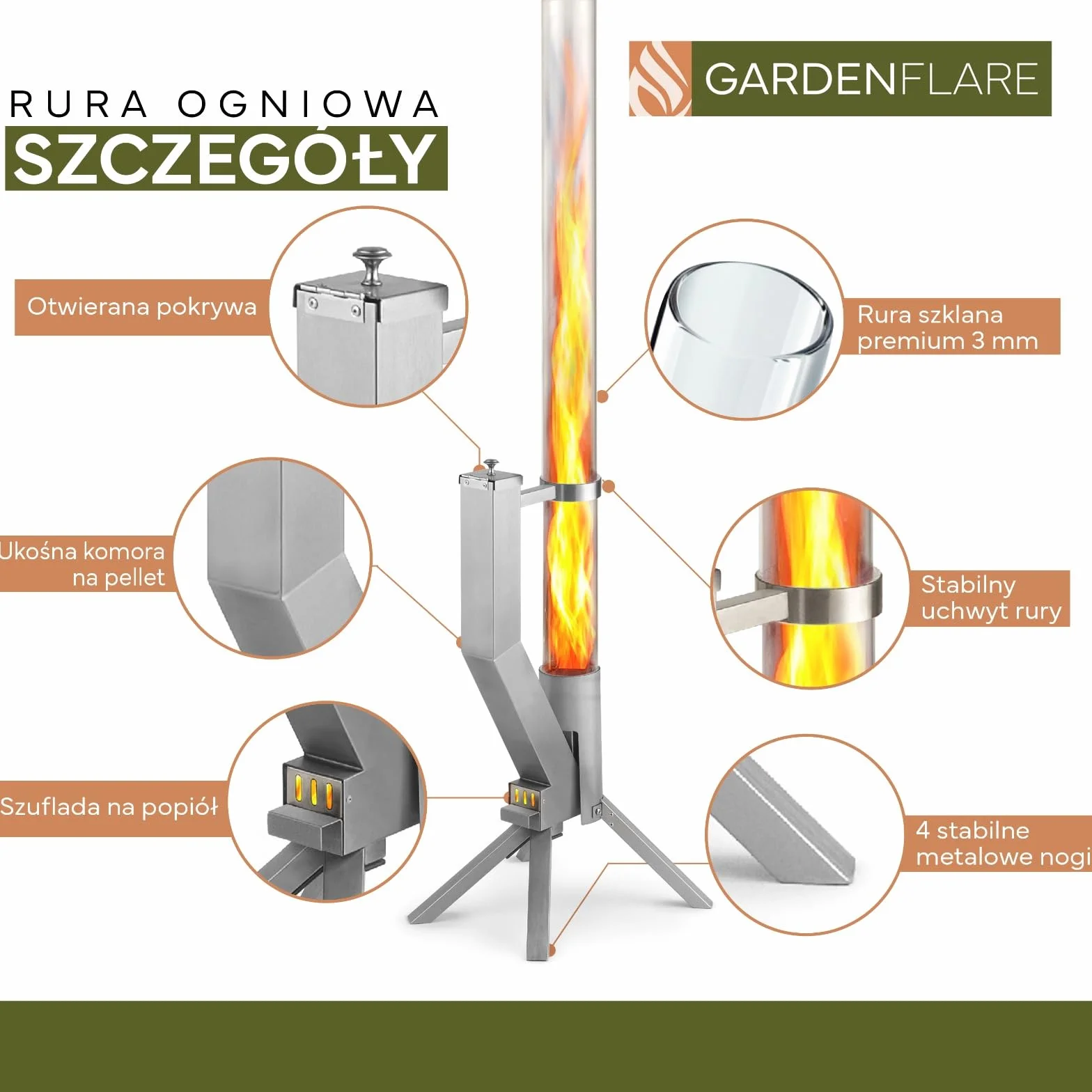 GARDENFLARE Elegancka kolumna ogniowa ze stali nierdzewnej, pelletowa pochodnia do ogrodu i na taras – Alternatywa dla kominka ogrodowego i ogrzewacza tarasowego (srebrny)