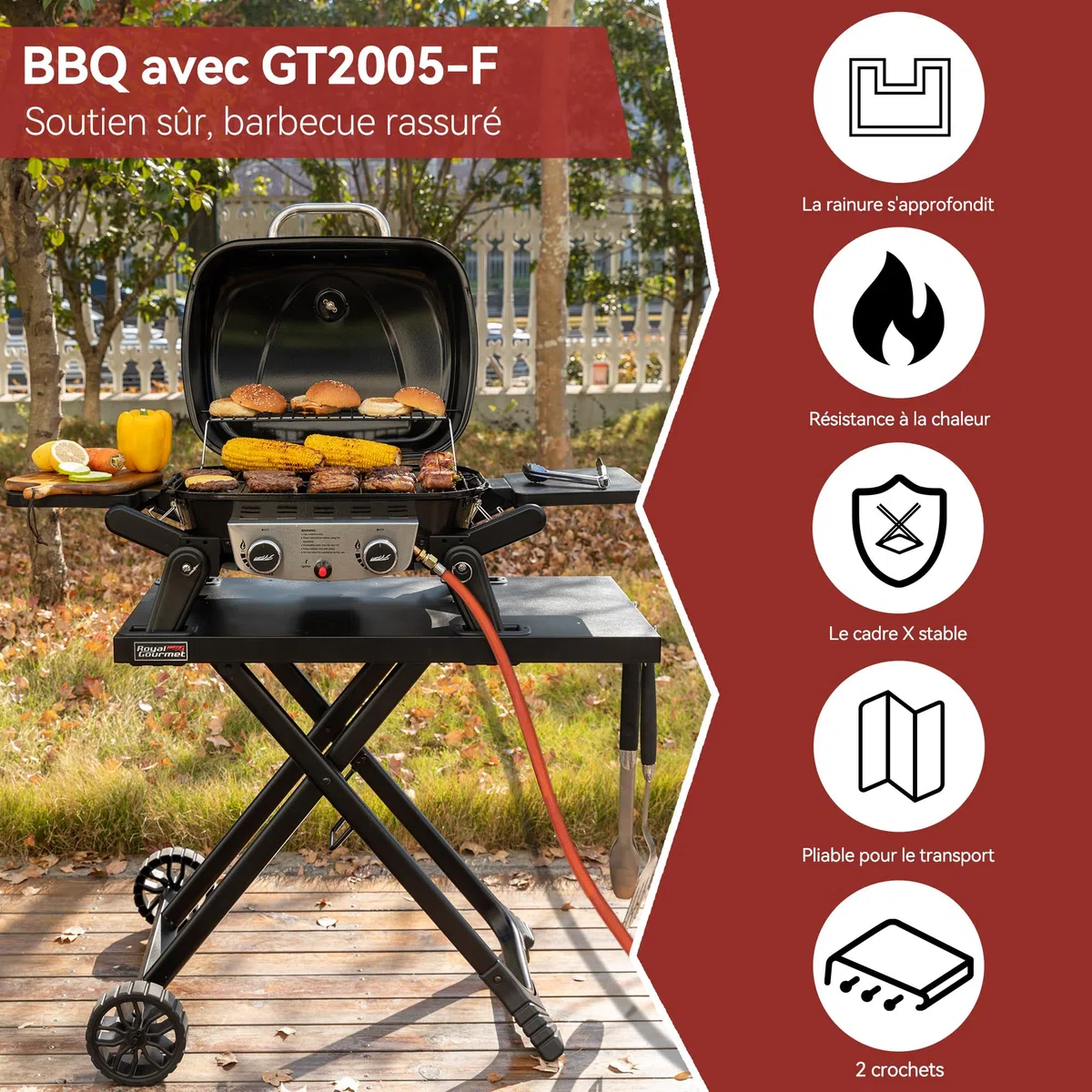 Royal Gourmet GT2201C-E przenośny składany wózek grillowy, składany wózek na deskę z 2 hakami do serii GT2005-F, odpowiedni na kemping, blat stołu 79 x 46,8 cm