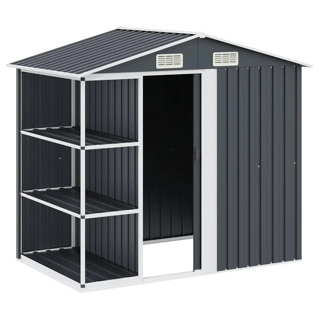 Domek ogrodowy z regałem, antracyt, 205 x 130 x 183 cm, żelazny domek ogrodowy ze stelażem do przechowywania urządzeń ogrodowych i przedmiotów gospodarstwa domowego, wytrzymały regał stalowy do