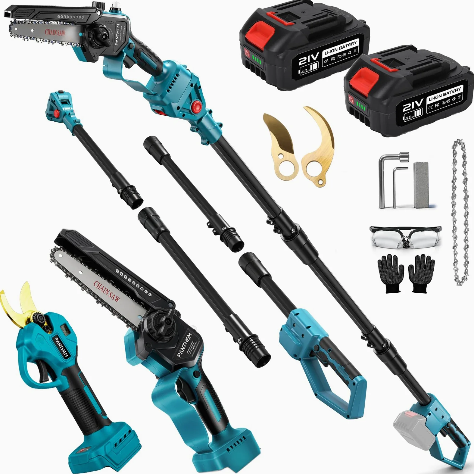 panthem Akumulatorowa sekator 4 w 1, 15 cm, mini piła łańcuchowa z akumulatorem do Makita 18 V i 45 mm elektryczne nożyce ogrodowe, 21 V, 4000 mAh, elektryczne nożyce do gałęzi, ręczna piła łańcuchowa