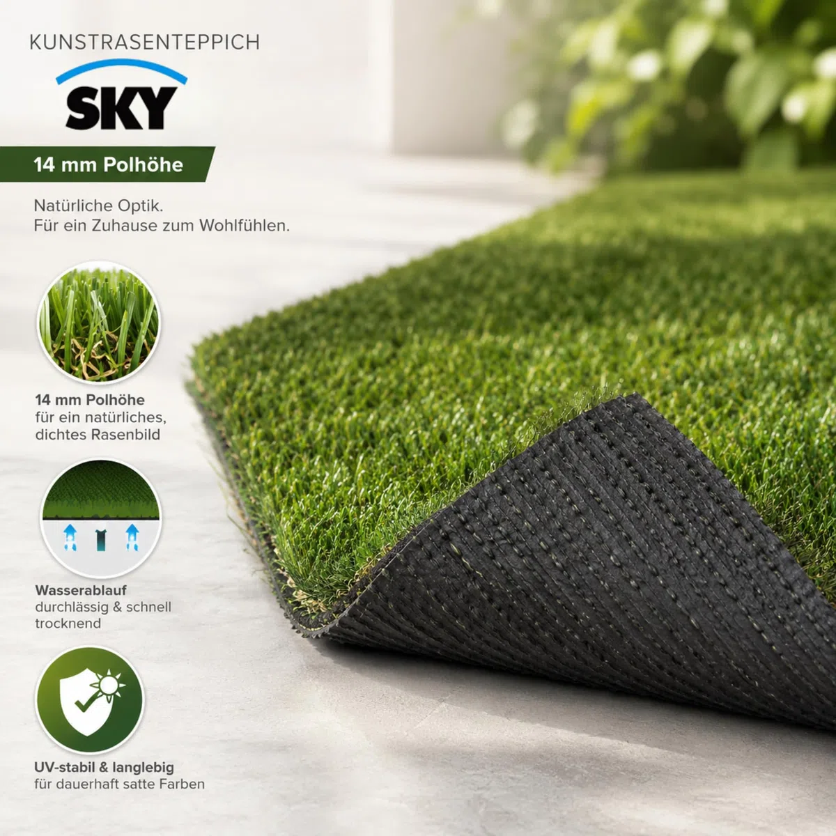 SKY Sztuczna trawa - wodoodporny dywan na balkon, taras i do ogrodu - Premium Class - Riviera - wysokość trawy: 14 mm - 200 x 700 cm