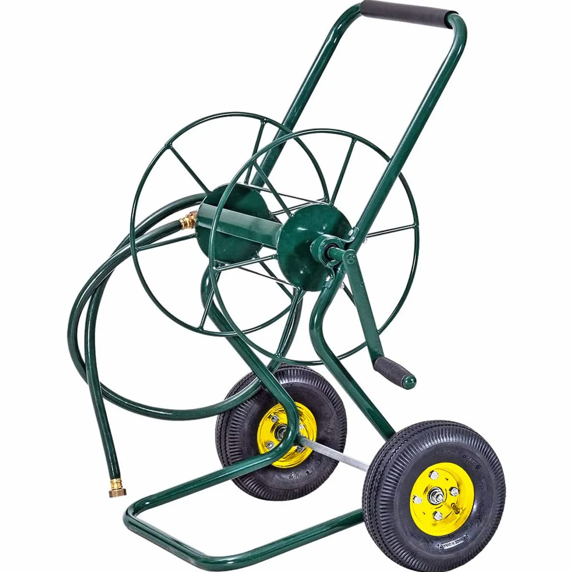 GOPLUS Metalowy wózek na wąż ogrodowy 3/4" do 61 m, bęben z gumowymi kółkami, 71 x 53 x 96,5 cm, zielony