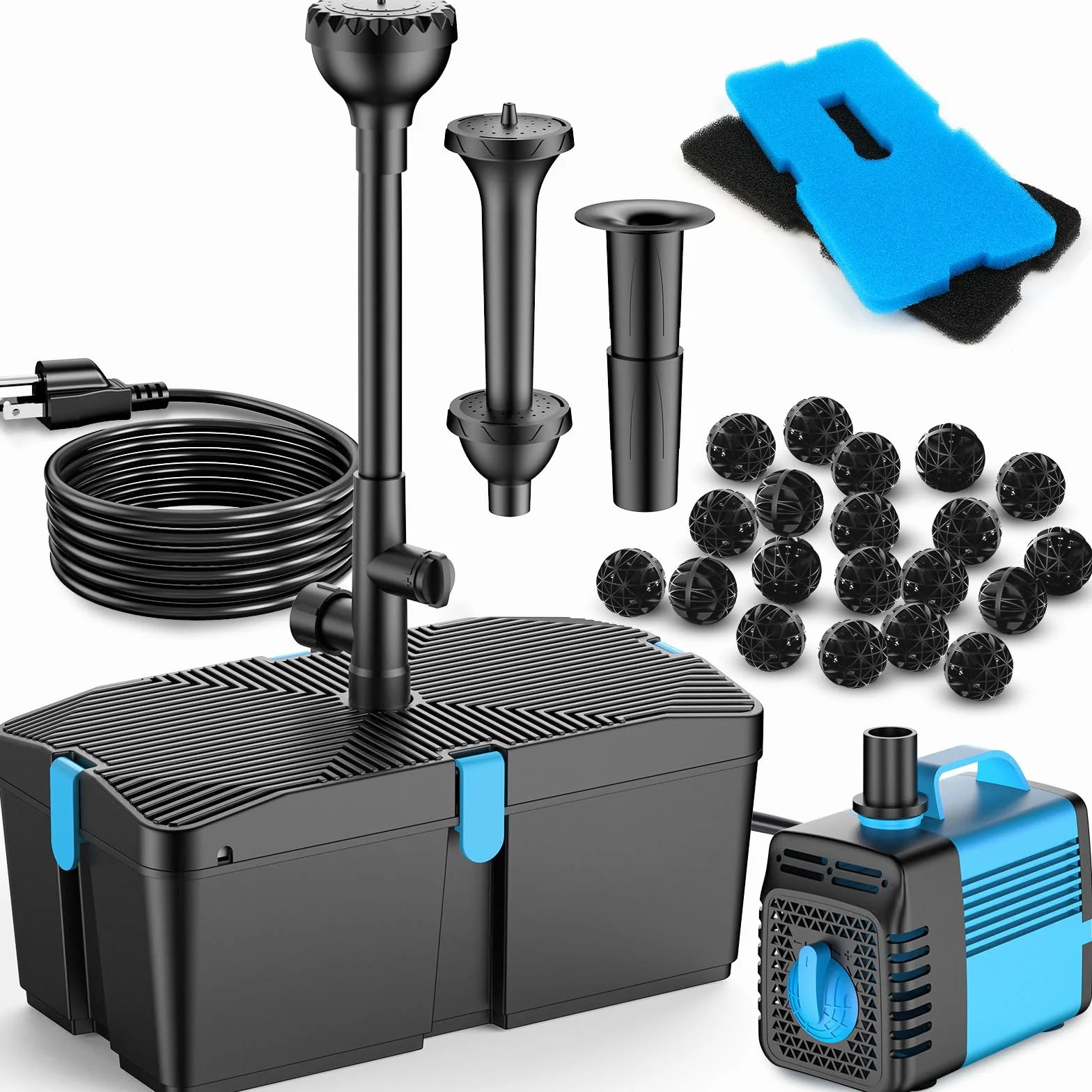 Pompa do stawu z filtrem i zestawem fontanny, 60 W, 3100 l/h, pompa stawowa i zestaw filtrujący, system do stawu zewnętrznego, filtr koi, niewymagający konserwacji