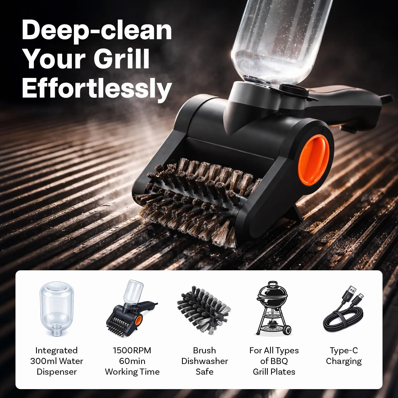 MMOBIEL Elektryczna Szczotka do Grilla Bezprzewodowa 300ml Zbiornik Wody 100W 2 Prędkości USB-C