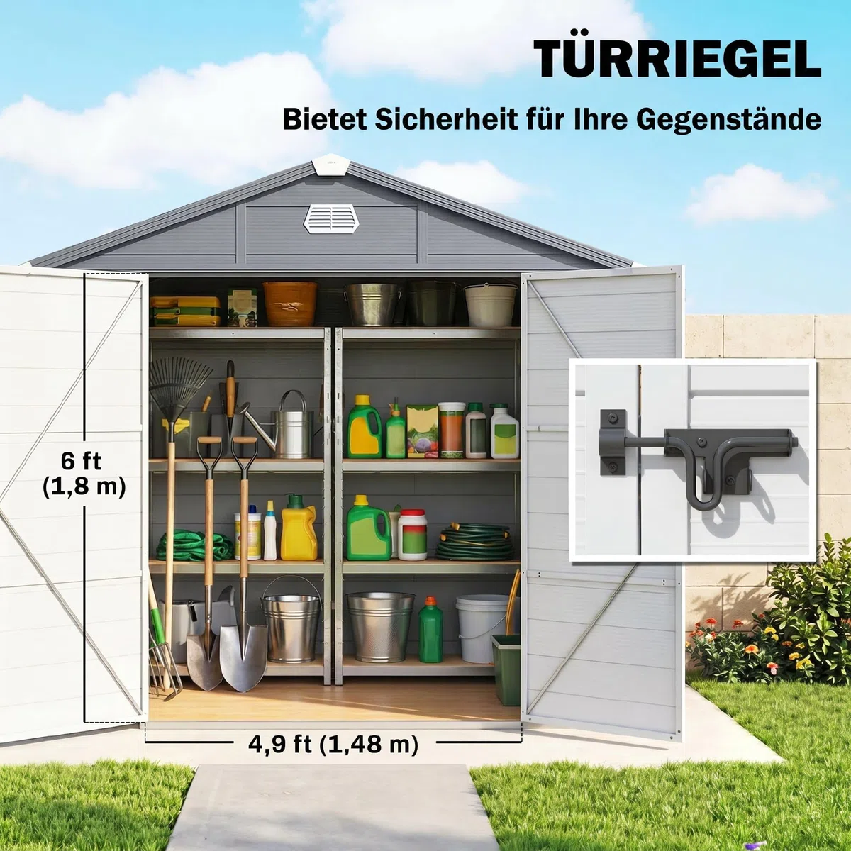 Outsunny Gerätehaus 4,1 m³, Gartenhaus mit Pultdach, 240 x 190 x 180/228 cm, Schütschuppen mit Abschließbar Tür, Fenster, Fahrradgark aus Aluminium, für Hinterhof, Garten, Grau