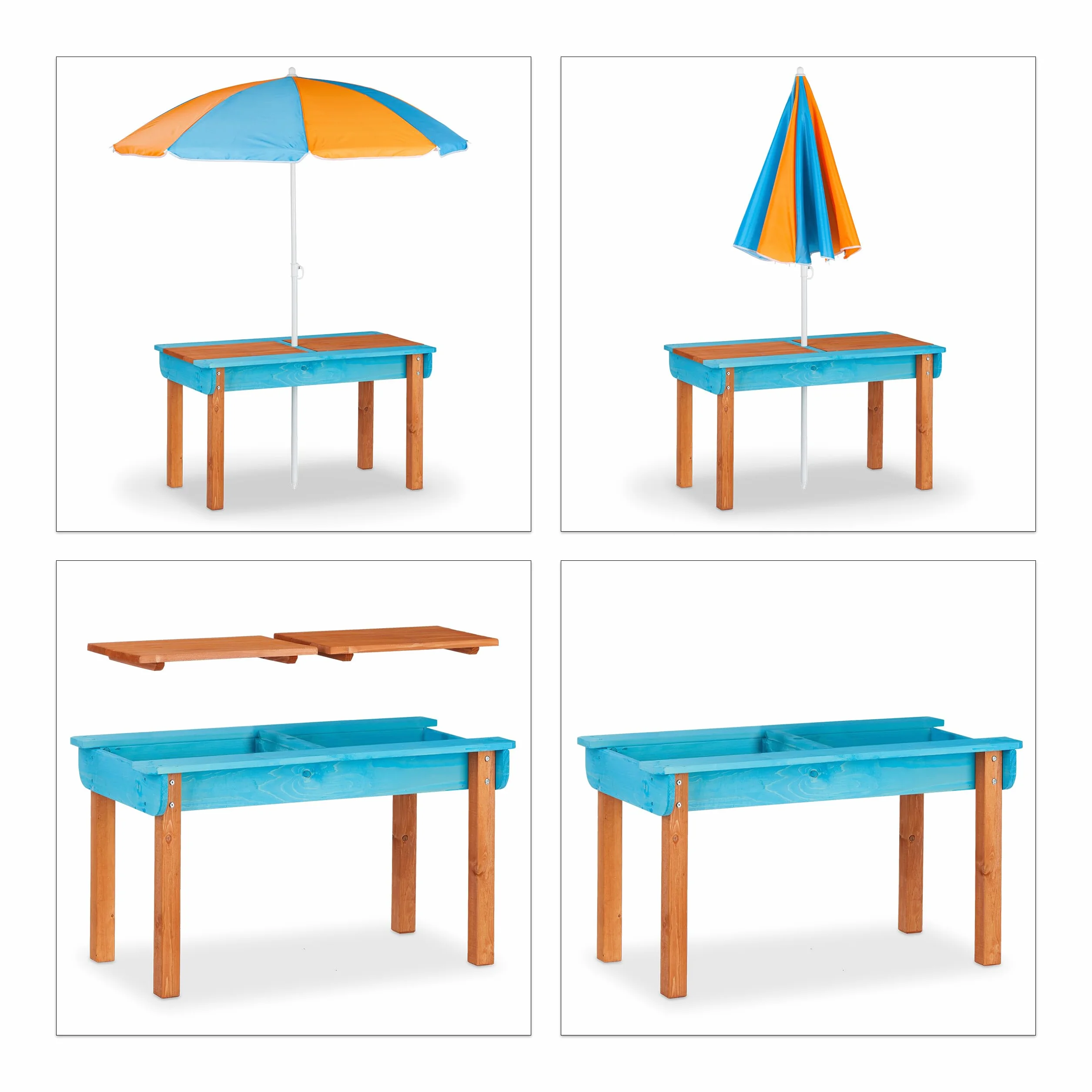 Relaxdays Zestaw mebli ogrodowych dla dzieci, drewno, stół, 2 ławki i parasol
