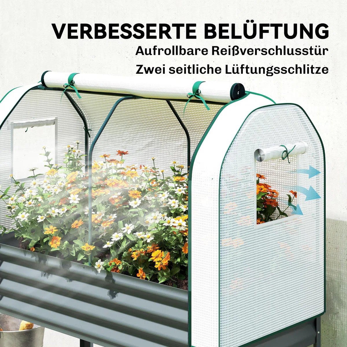 Outsunny Podwyższone łóżko ogrodowe z pokrowcem szklarniowym z metalu, skrzynka na rośliny z półką, podwyższone łóżko ogrodowe 120 x 55 x 140 cm do ogrodu, balkonu, tarasu, ciemnoszare
