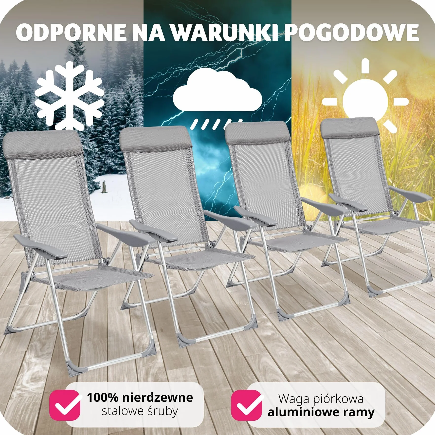 tectake® Zestaw 4 Foteli Ogrodowych, Składane z Aluminiowym Stealżem, Regulowane Oparcie, Wzmocnione Nogi, Łatwe w Czyszczeniu, Lekki - Idealny na Taras i Balkon