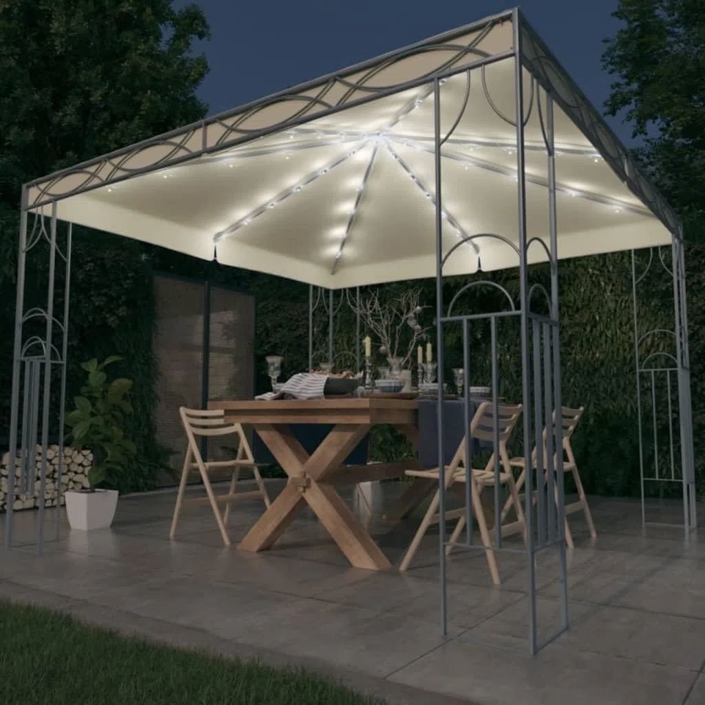Pawilon ogrodowy 300 x 300 cm, kremowo-biały, z łańcuchem świetlnym LED, stalowym stelażem, poliestrowym dachem, składany, na taras, balkon, festiwal, wesele, grillowanie, imprezę w ogrodzie