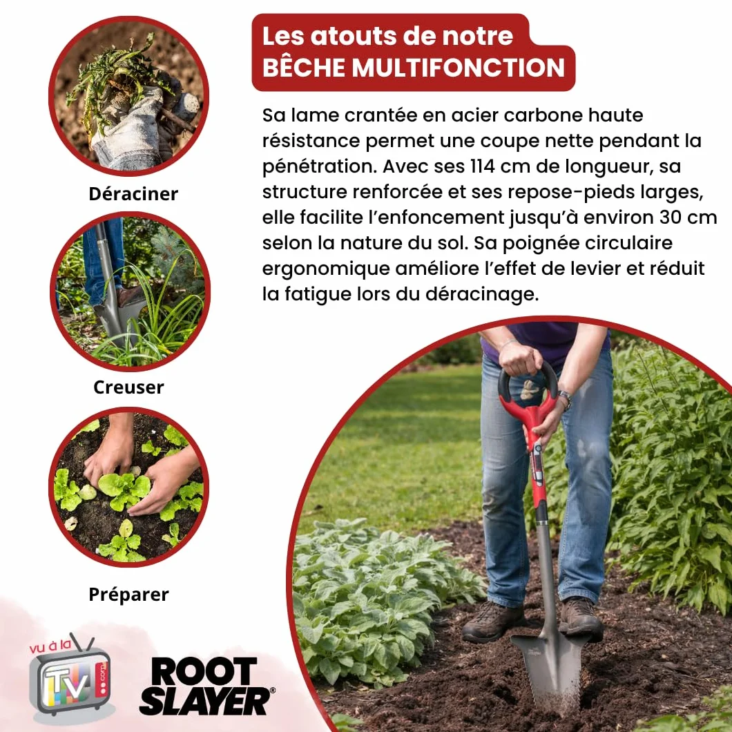 Venteo Root Slayer łopatka ogrodowa z bardzo ostrym ostrzem trapezowym i zębami ze stali węglowej - 114 cm, czerwona i czarna