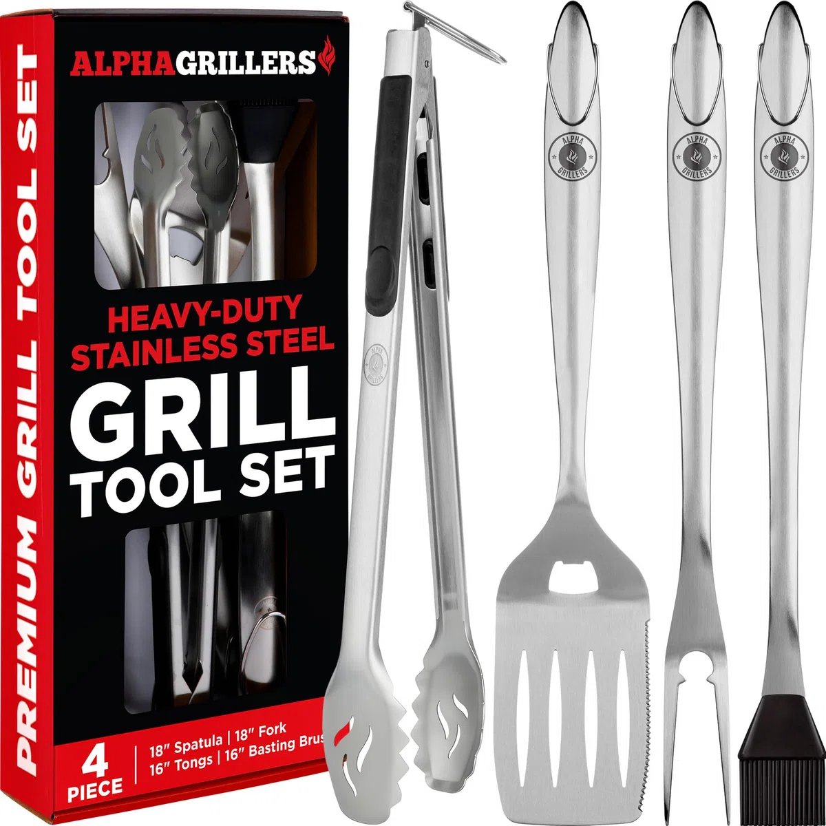 Alpha Grillers Zestaw wytrzymałych akcesoriów do grilla - zestaw narzędzi do grillowania 4 szt. akcesoria do grilla ze szpatułką, widelcem, szczotką i szczypcami do grilla - prezenty dla taty trwałe,