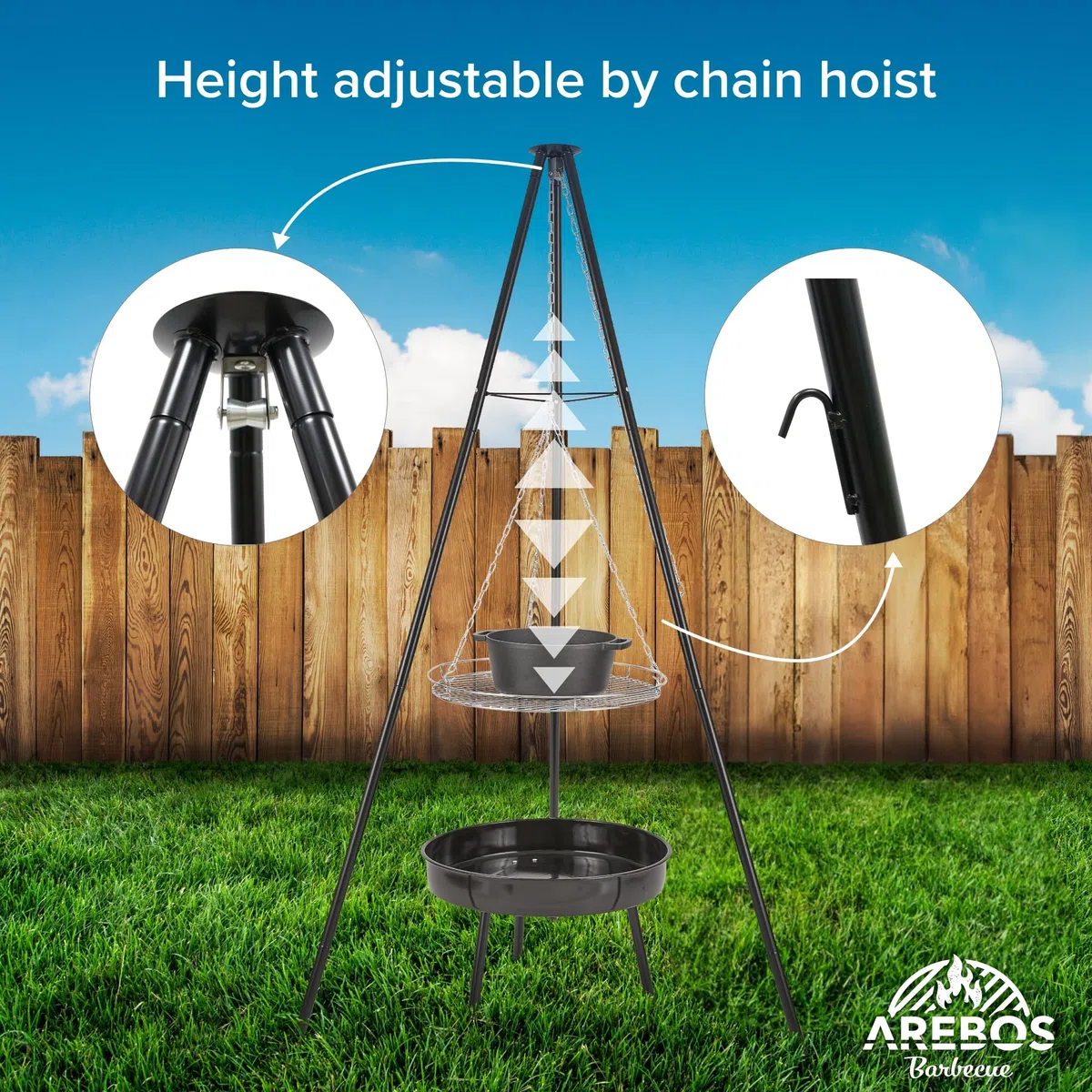 Arebos Obrotowy grill węglowy z rusztem Ø 51 cm | Grill obrotowy | Statyw do kotła gulaszowego | Ruszt do gotowania Ø 49 cm | Rama do grilla z paleniskiem | Łańcuszek z regulacją wysokości 228 cm