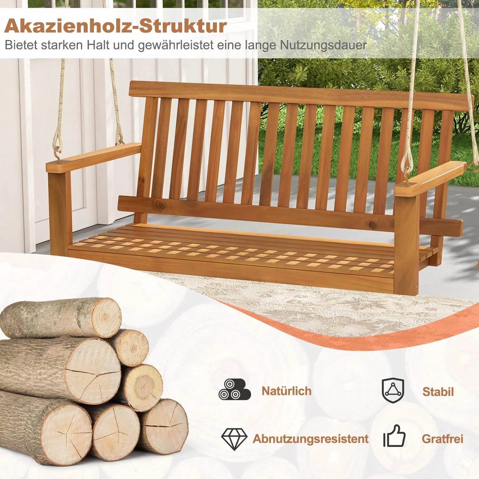COSTWAY Ławka wisząca z drewna akacjowego, huśtawka werandowa, obciążenie do 360 kg, dla 2 osób, huśtawka tarasowa z 2 linami do zawieszenia, ławka huśtawka na podwórko, do ogrodu, 130 x 63 x 57 cm