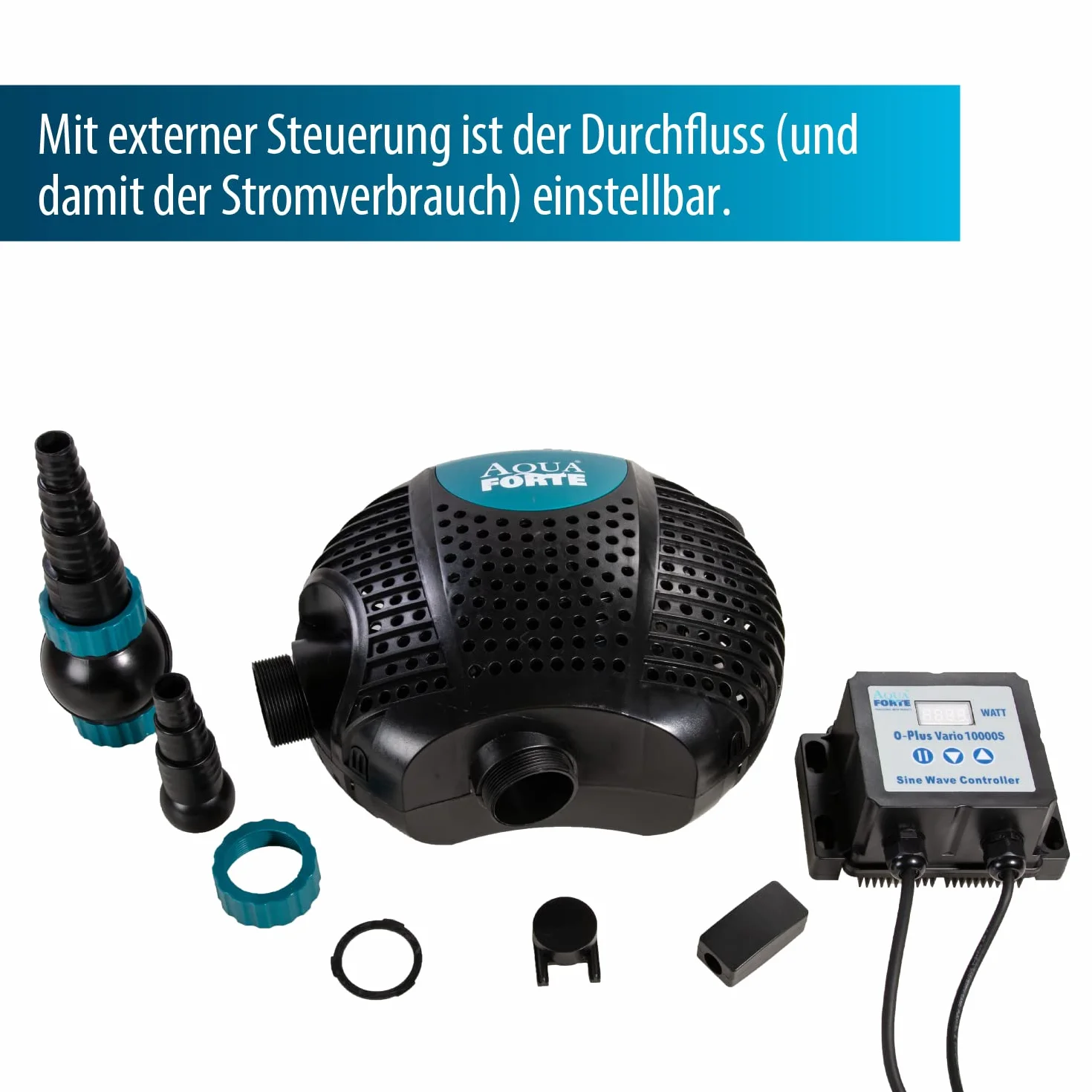 AquaForte O-Plus Vario 10 000 S, przepływ 6-10 m³/h, wysokość tłoczenia 5,5 m, 34-85 W, dopływ 1½" + 2", odpływ 2", ochrona przed pracą na sucho