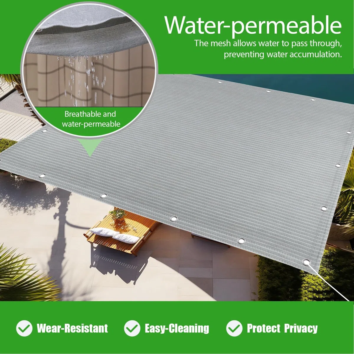 Żagiel Przeciwsłoneczny HDPE Prostokątny 205 x 565 cm Oddychający HDPE Oddychający Oczka Ze Stali Nierdzewnej Dla Patio, Dziedzińca I Basenu, Szary