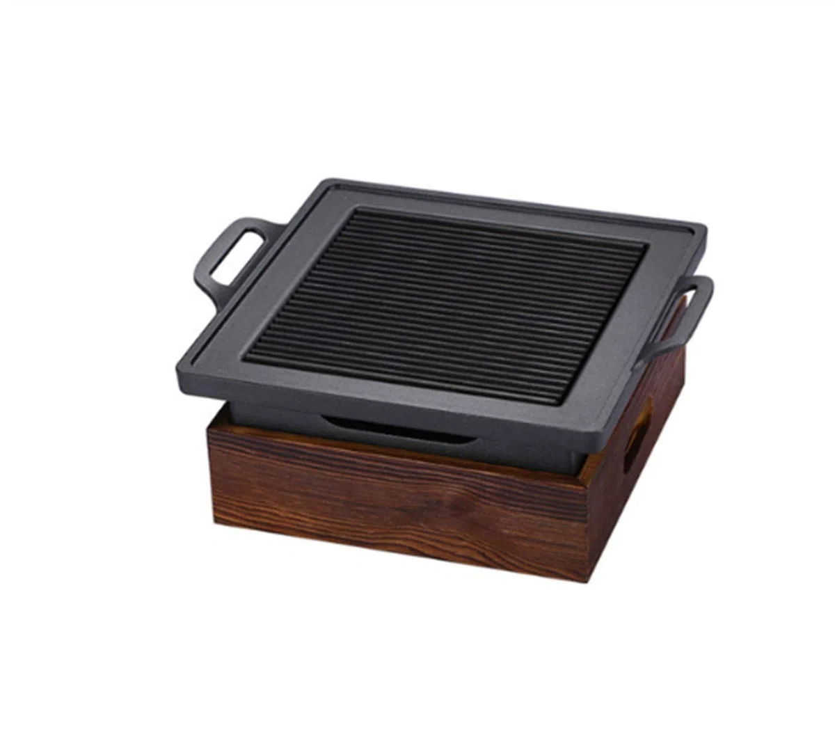 Przenośny grill na węgiel drzewny, 18 x 18 cm, japoński koreański grill stołowy z drewnianą podstawą, kompaktowy sprzęt do gotowania na świeżym powietrzu, na kemping, imprezy na podwórku