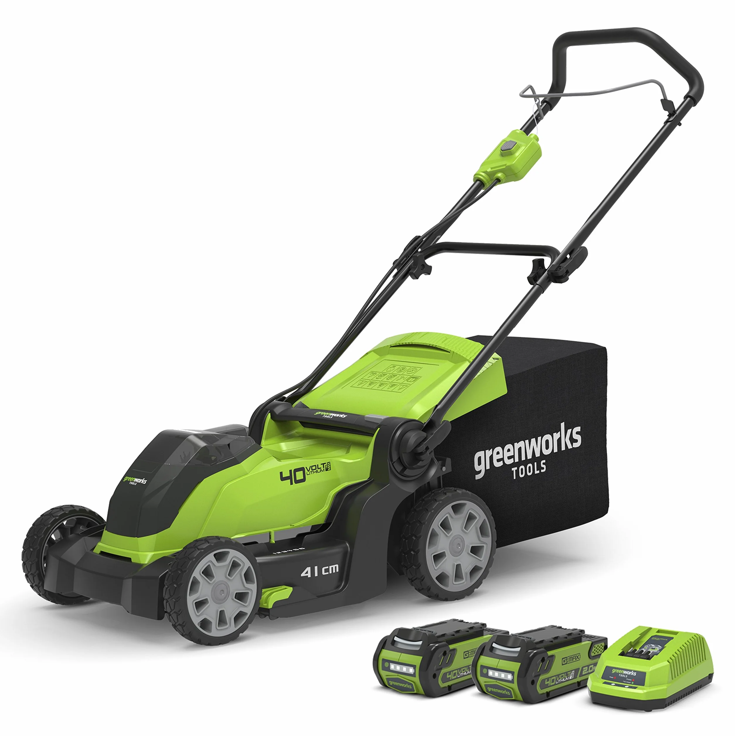 Greenworks G40LM41K2XF Kosiarka Akumulatorowa do Trawników do 500m², Szerokość Koszenia 41cm, Torba 50L PLUS Dwie Baterie 40V 2Ah i Jedna Szybka Ładowarka