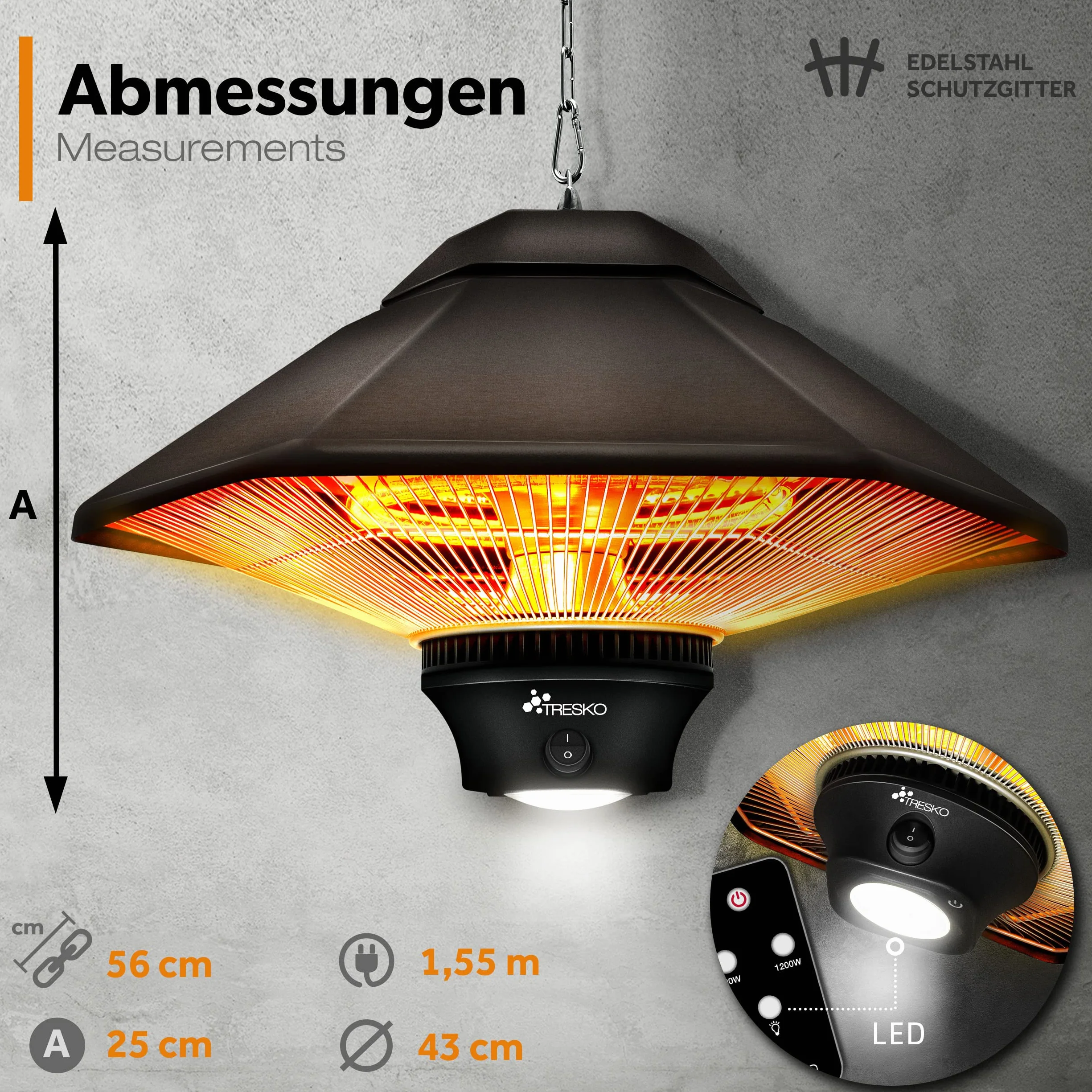 TRESKO Promiennik sufitowy 1200 W z pilotem, 2 stopnie ogrzewania, promiennik podczerwieni