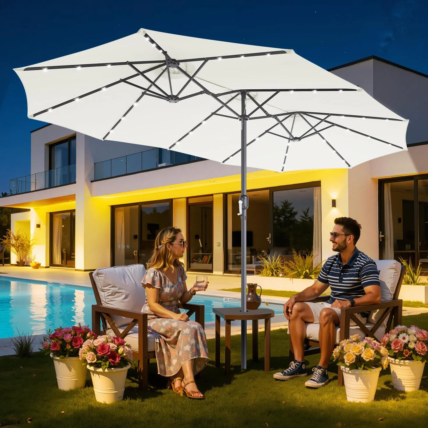 Podwójny parasol przeciwsłoneczny, prostokątny, 394 x 210 cm, z solarną diodą LED i korbą ręczną, duży parasol przeciwsłoneczny, parasol ogrodowy, parasol tarasowy, 12 stalowych żeber, ochrona