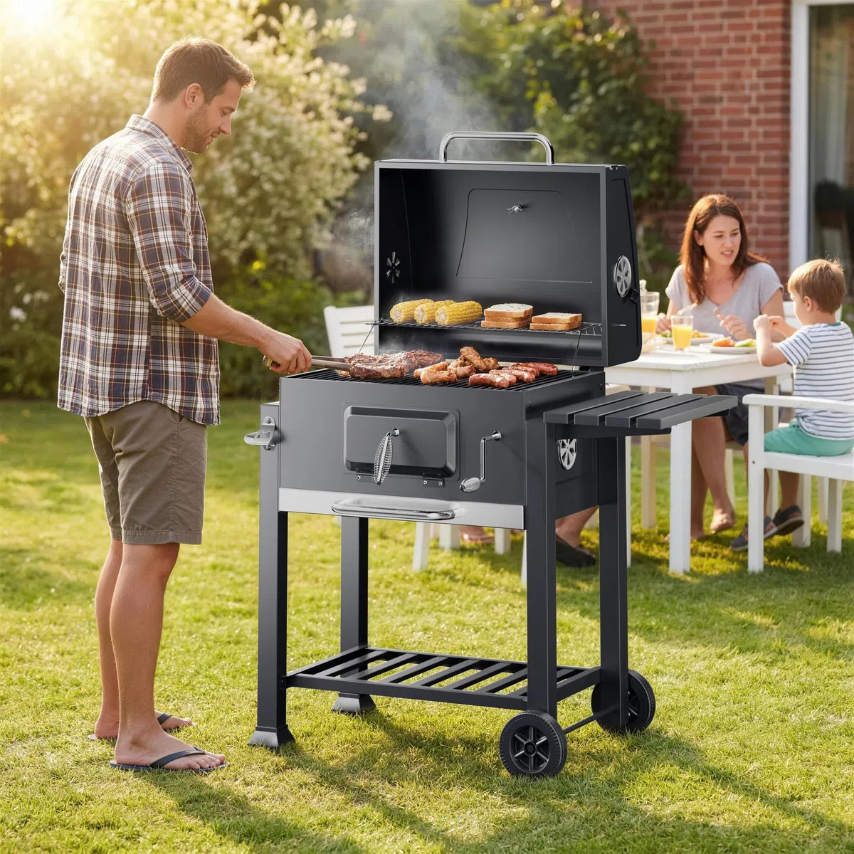 Wiltec Grill węglowy z pokrywą, termometrem i regulacja wysokości półki, prostokątny mobilny grill stojący ze stali do grillowania w ogrodzie