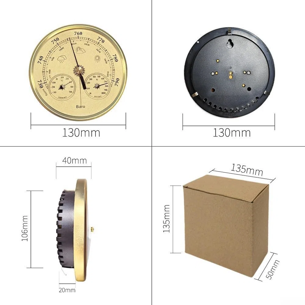 3-w-1 mechaniczna stacja pogodowa, termometr, higrometr, barometr, analogowy wyświetlacz temperatury wewnętrznej i zewnętrznej o średnicy 130 mm, nie wymaga baterii, aluminiowa konstrukcja metalowa