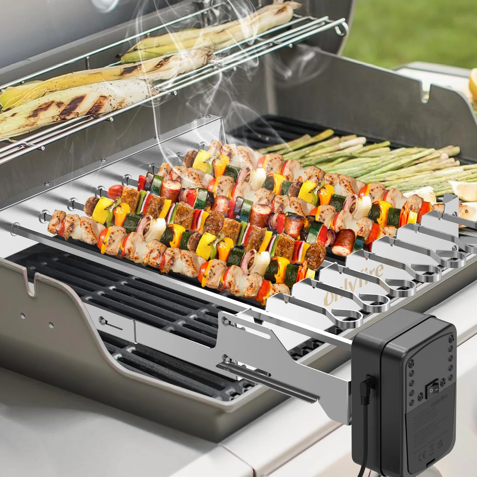 Onlyfire Elektryczny Szpikulca ze Stali Nierdzewnej, Obrotowy Stojak do Grillowania Zestaw Shish Kabob z 7 Szpikulcami i Dwufunkcyjnym Silnikiem Rożna