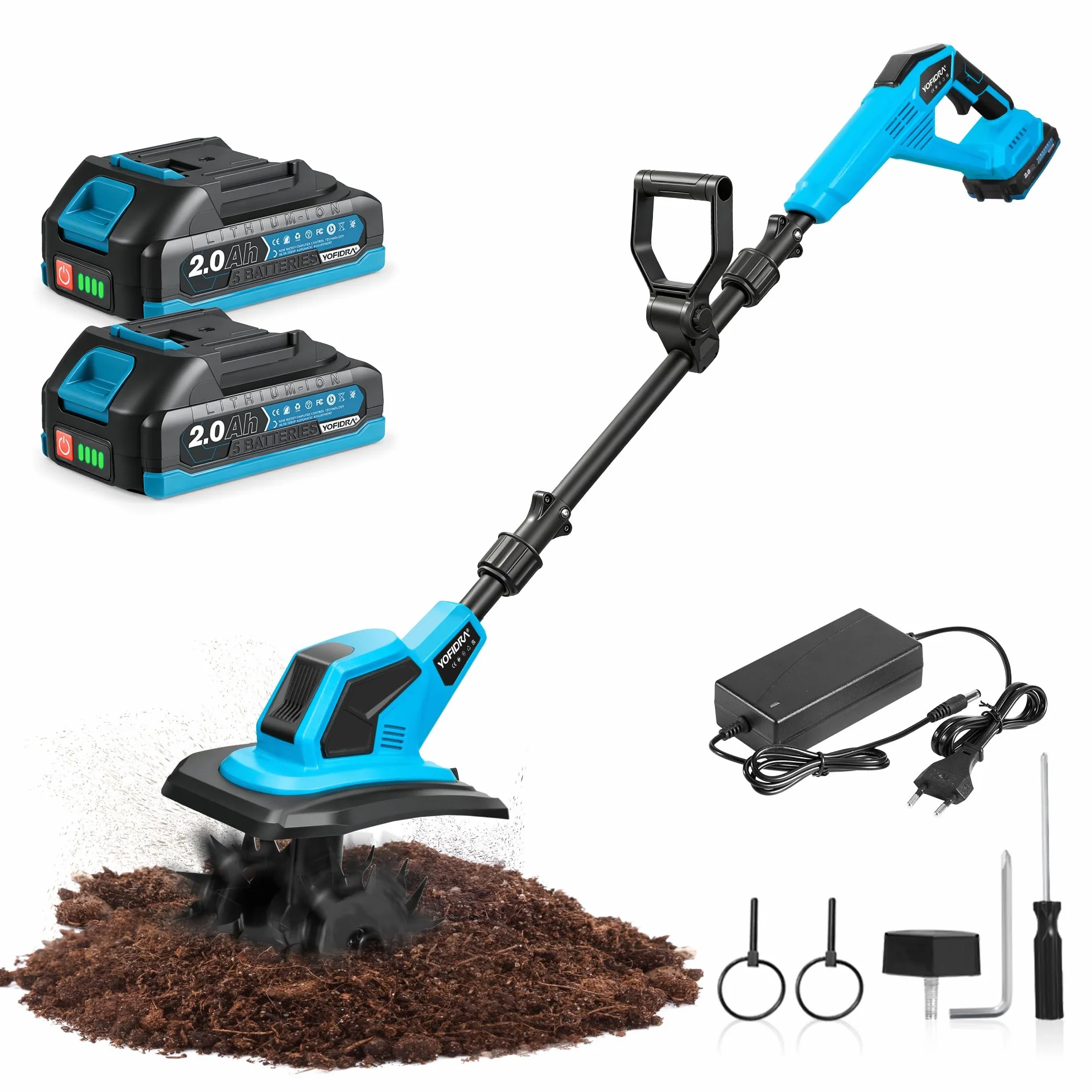 Yofidra Akumulatorowa glebogryzarka/kultywator – glebogryzarka o mocy 600 W, szerokości roboczej 23 cm i głębokości roboczej 17 cm, 2 akumulatorami 2,0 Ah, 4 zębami 12-zębowymi
