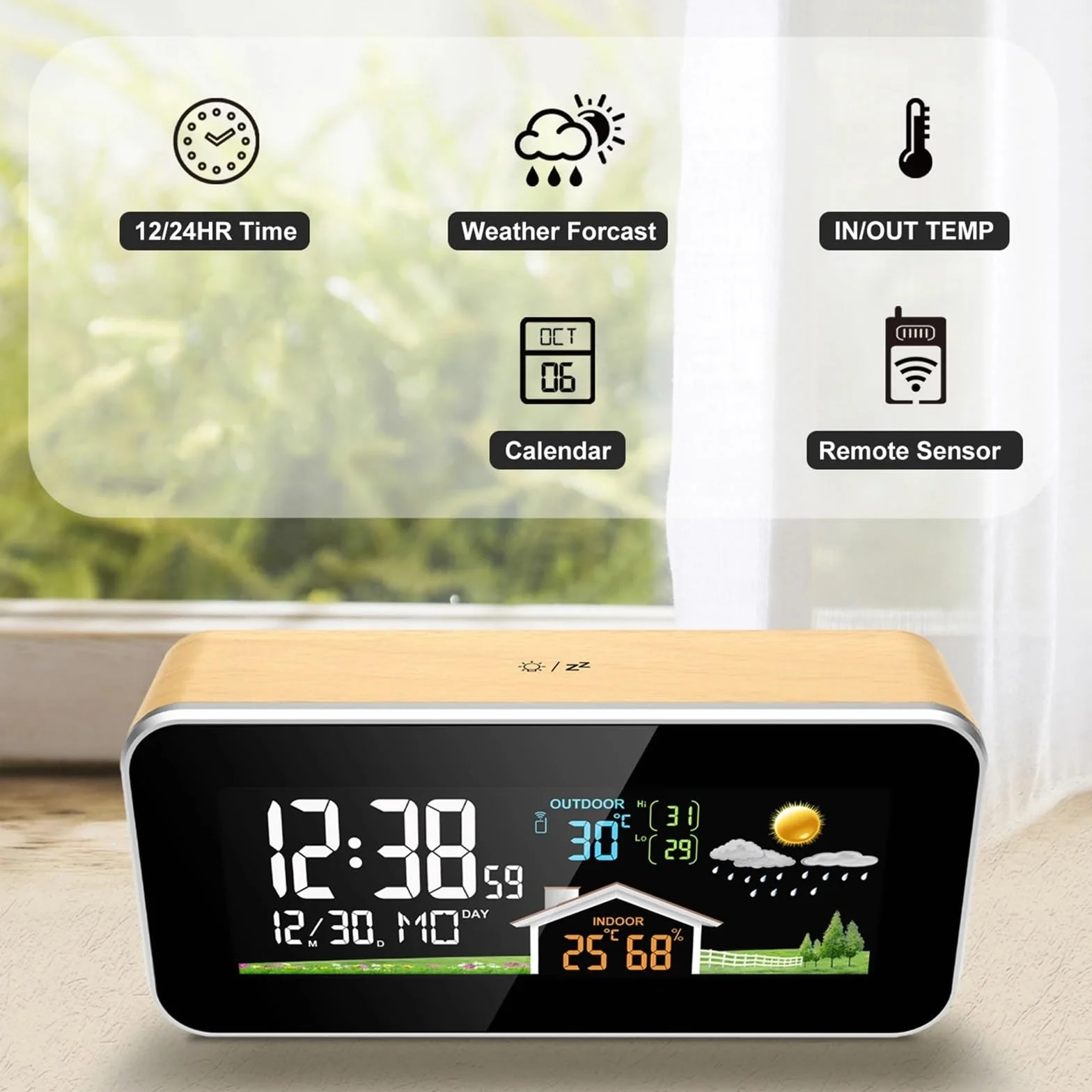 Stacja pogodowa, Bezprzewodowa stacja pogodowa Drewniany budzik Cyfrowy termometr Wilgotność Temperatura Bezprzewodowy czujnik Home TimeWatch Desktop #30(A)