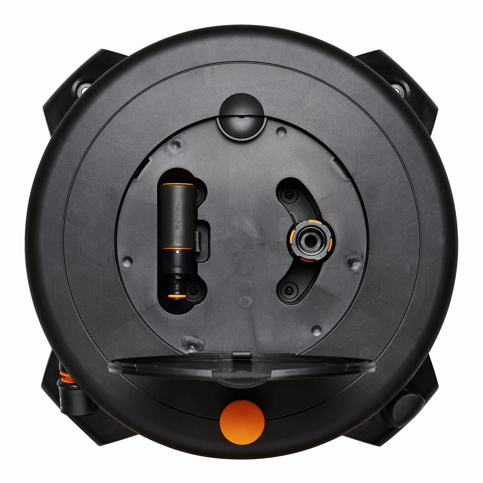Fiskars Bęben z wężem L, Całkowity zasięg 31,5 m, Wąż ogrodowy ø 13 mm, Uniwersalna złączka ø 13-15 mm, Dysza zraszająca, Czarny/pomarańczowy