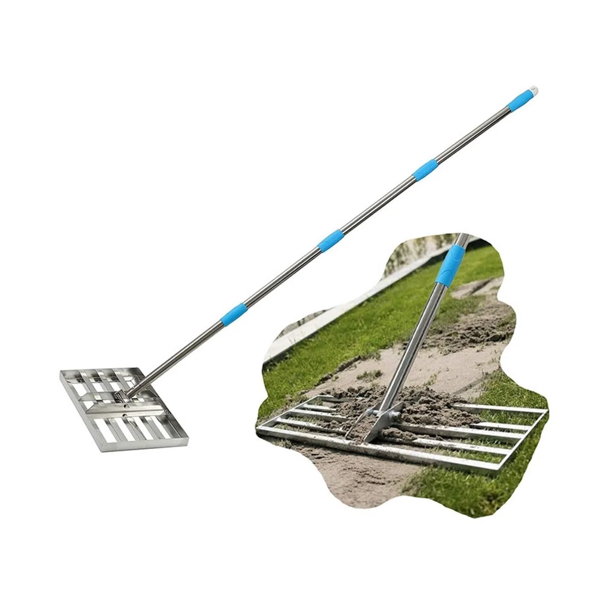 Wyrównywacz trawnika z długim uchwytem, grabie do wyrównywania trawnika ze stali nierdzewnej, narzędzie do wyrównywania trawnika do gleby, trawy, pola golfowego, narzędzie do wyrównywania trawnika,