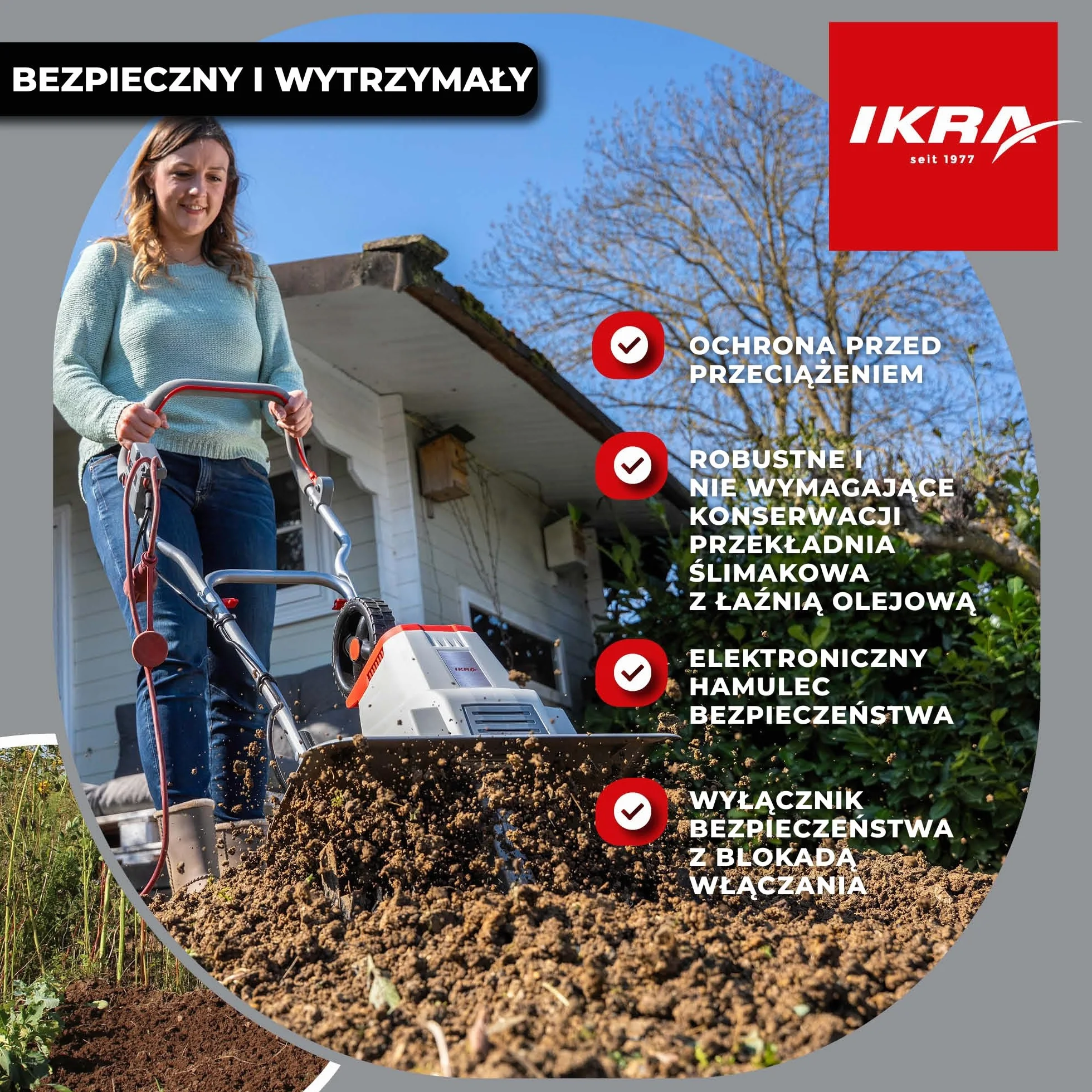 IKRA Glebogryzarka elektryczna IEM 1500, elastyczna szerokość robocza 32 i 45 cm, głębokość robocza do 20 cm, moc 1500 W