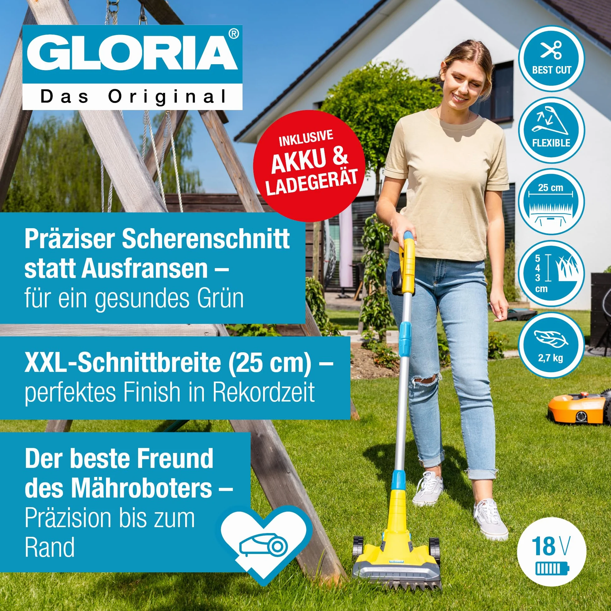 GLORIA Przycinarka akumulatorowa FineCut 18V SET | Z akumulatorem BOSCH 18V i ładowarką | Idealna do kosiarki automatycznej | Szerokość cięcia 25 cm