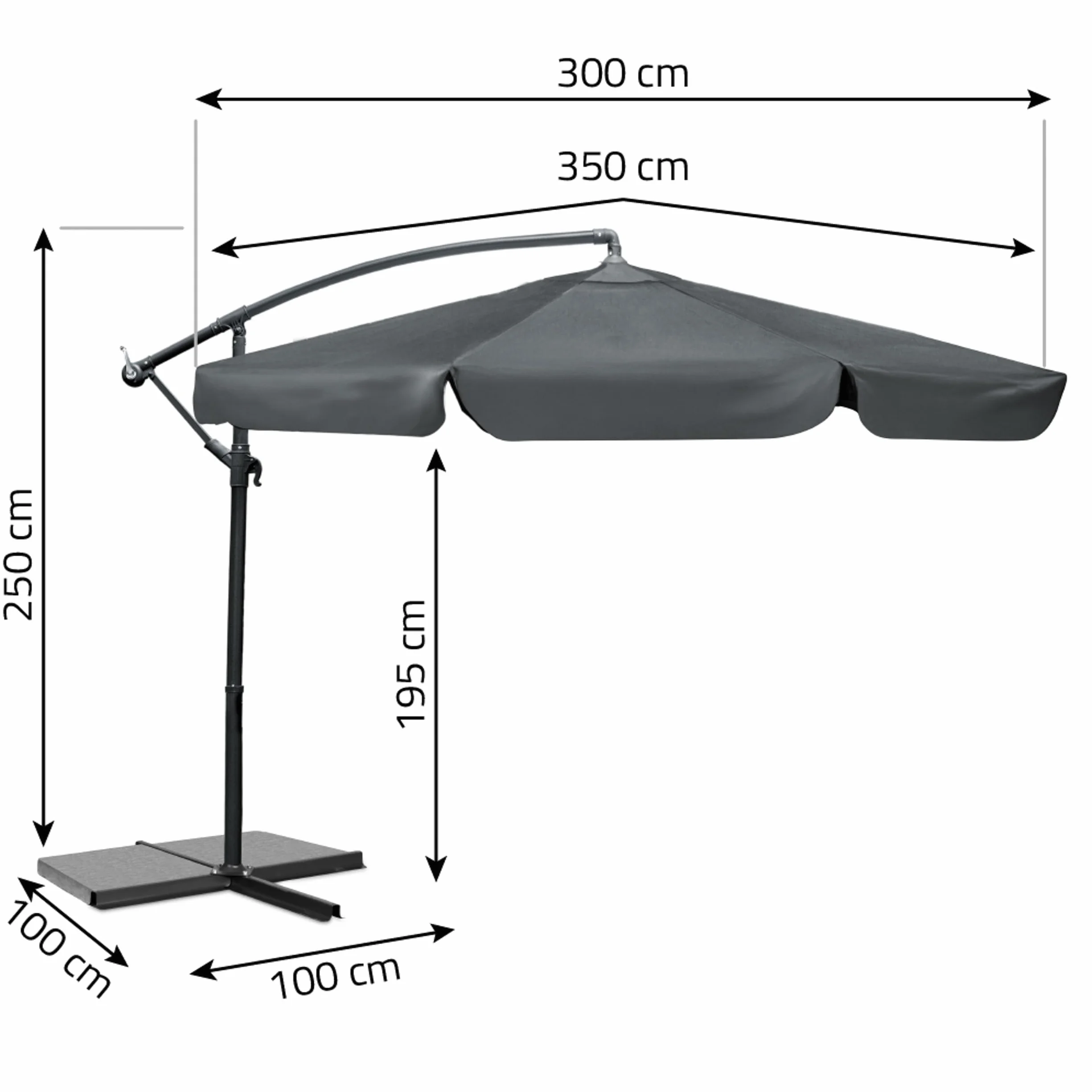 Parasol Ogrodowy Przeciwsłoneczny Wodoodporny Składany Z Wysięgnikiem Pokrowcem 6 Segmentów Ø 350 cm Szary