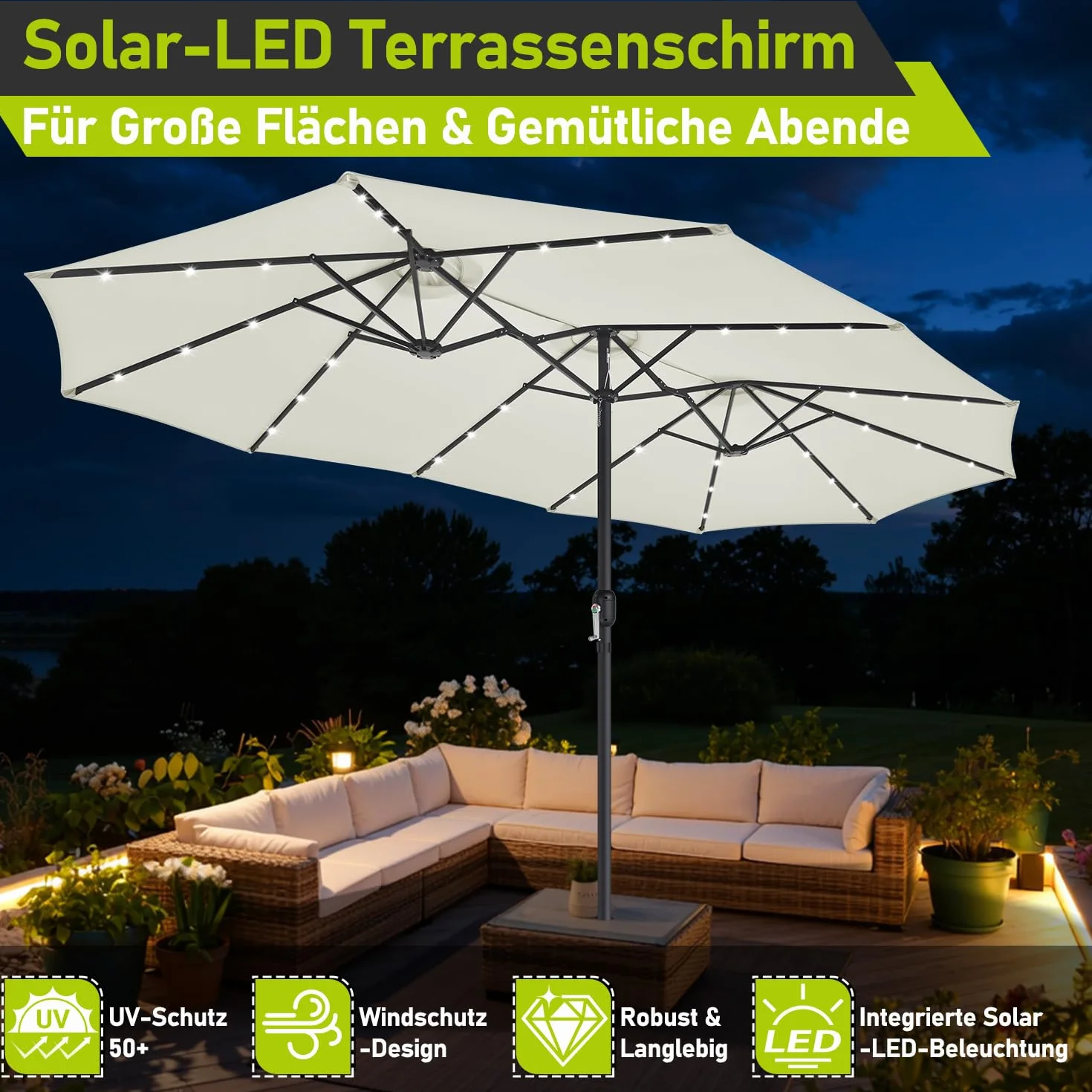 Podwójny parasol przeciwsłoneczny, prostokątny, 394 x 210 cm, z solarną diodą LED i korbą ręczną, duży parasol przeciwsłoneczny, parasol ogrodowy, parasol tarasowy, 12 stalowych żeber, ochrona