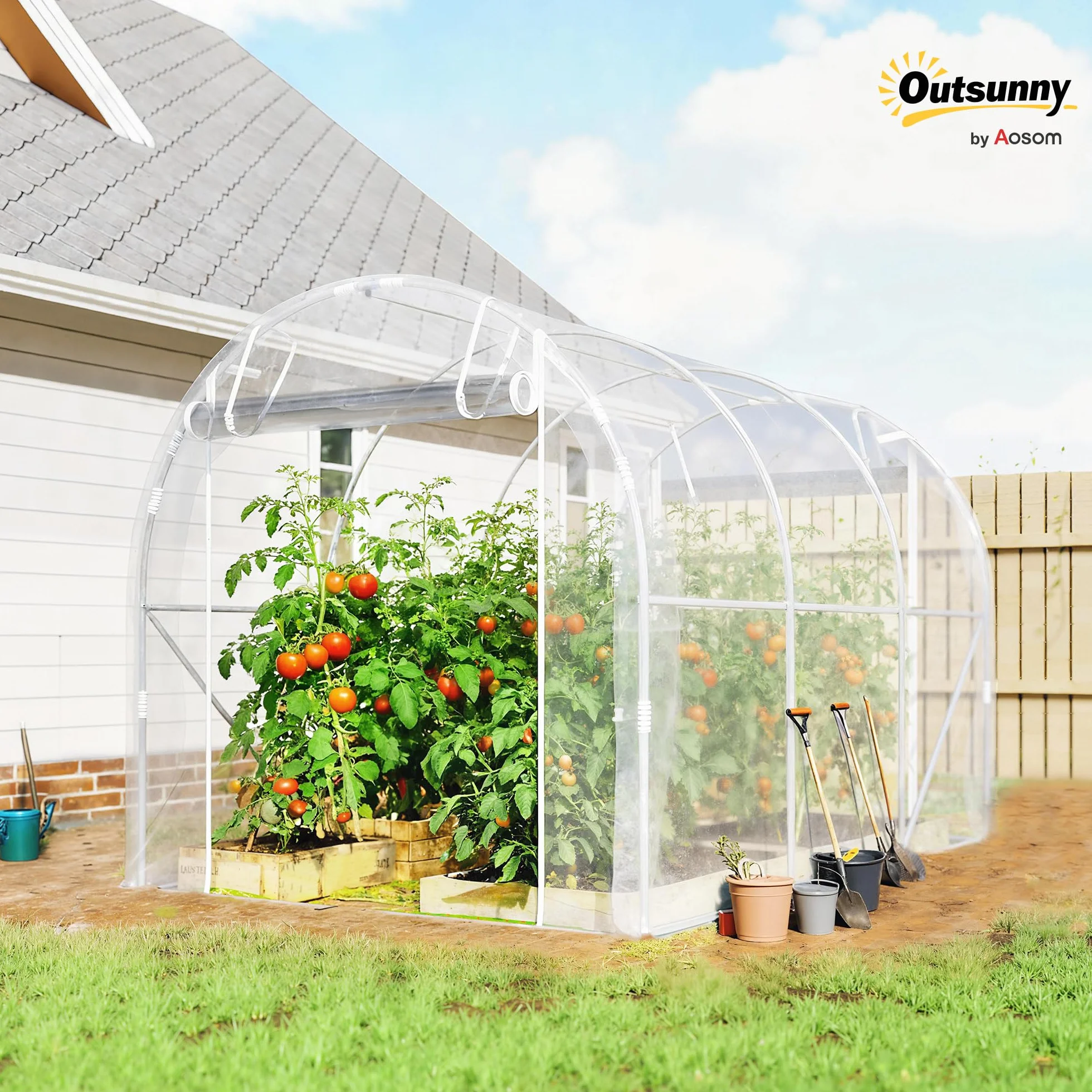 Outsunny Foliowa szklarnia ok. 3 x 2 x 2 m z rolowanymi drzwiami na zamek błyskawiczny, wspornikami i przedłużonymi krawędziami, PE 150 g/m², odporna na promieniowanie UV, tunel foliowy, zimowa