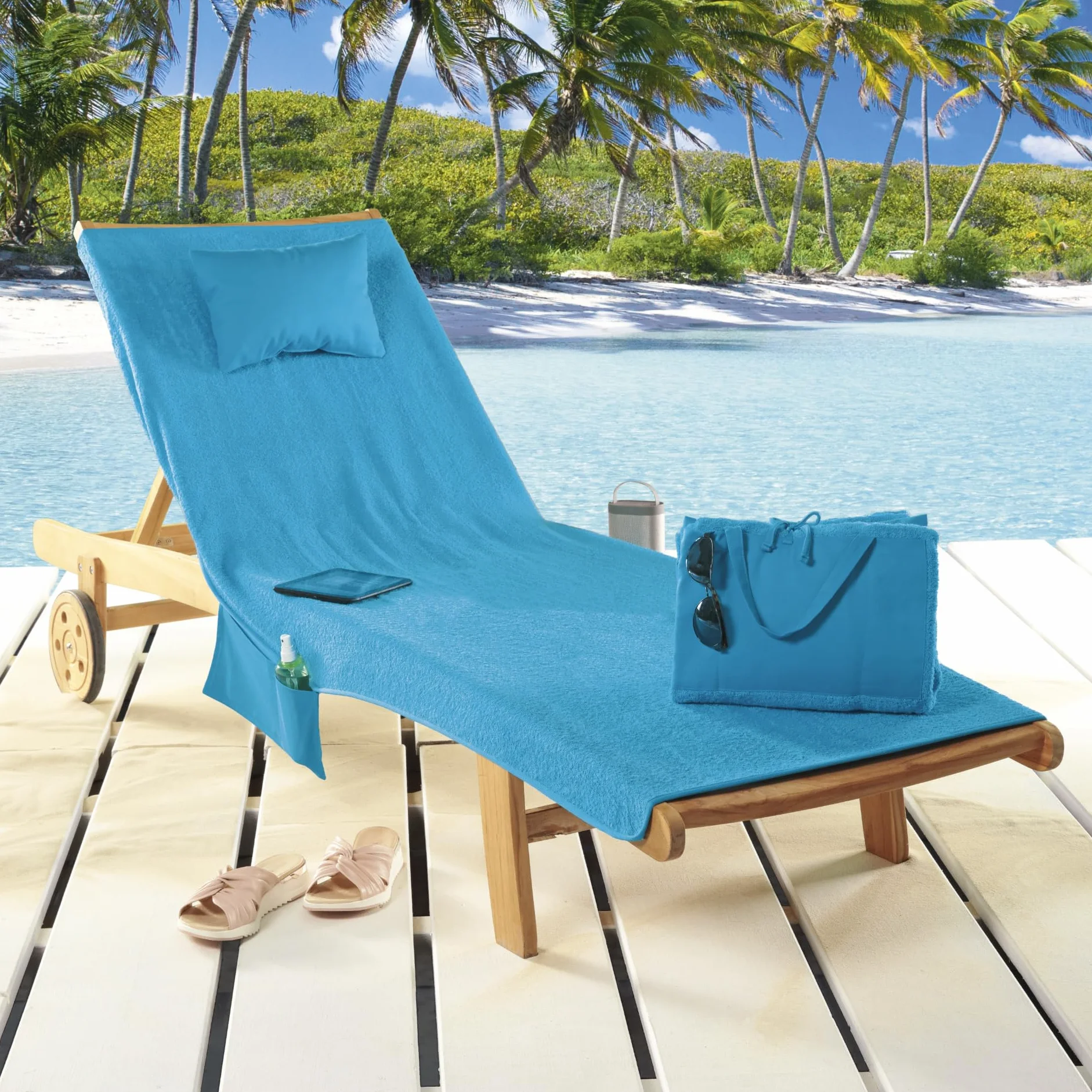 Delindo Lifestyle Miami nakładka na leżak plażowy frotte, turkusowa, z kieszeniami i poduszkami, składany, w 100% z bawełny, 80 x 180 cm