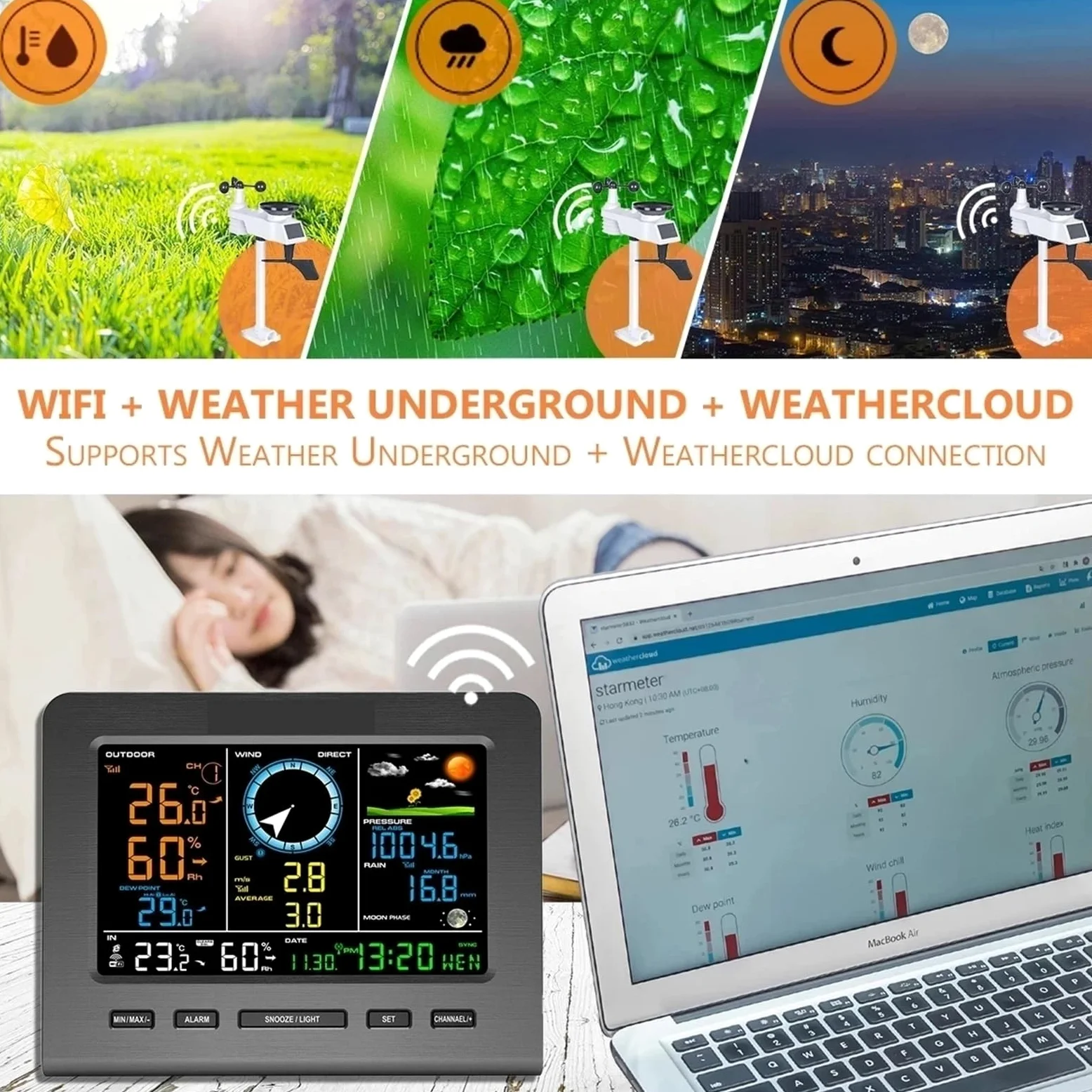 Internetowa bezprzewodowa stacja pogodowa Prognoza pogody Temperatura Ciśnienie Wilgotność Wiatr Deszcz Wskaźnik Księżyca Fraza Tester budzika Duży ekran(WiFi Weather Station)