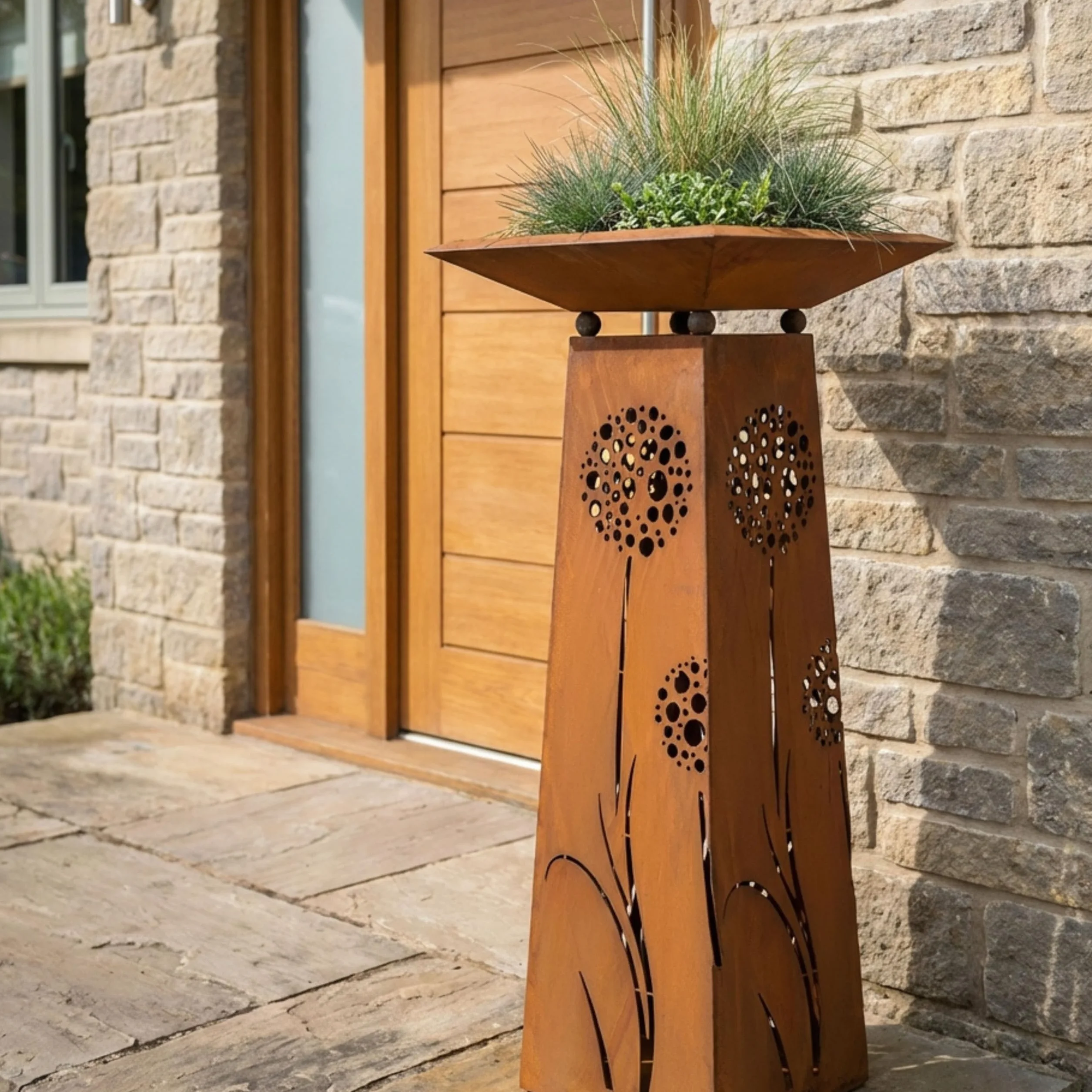 Rostikal | Pflanzsäule Pusteblumen | Gartensäule aus Metall | 1,15 m hoch | mit Schale eckig 50 x 50 cm
