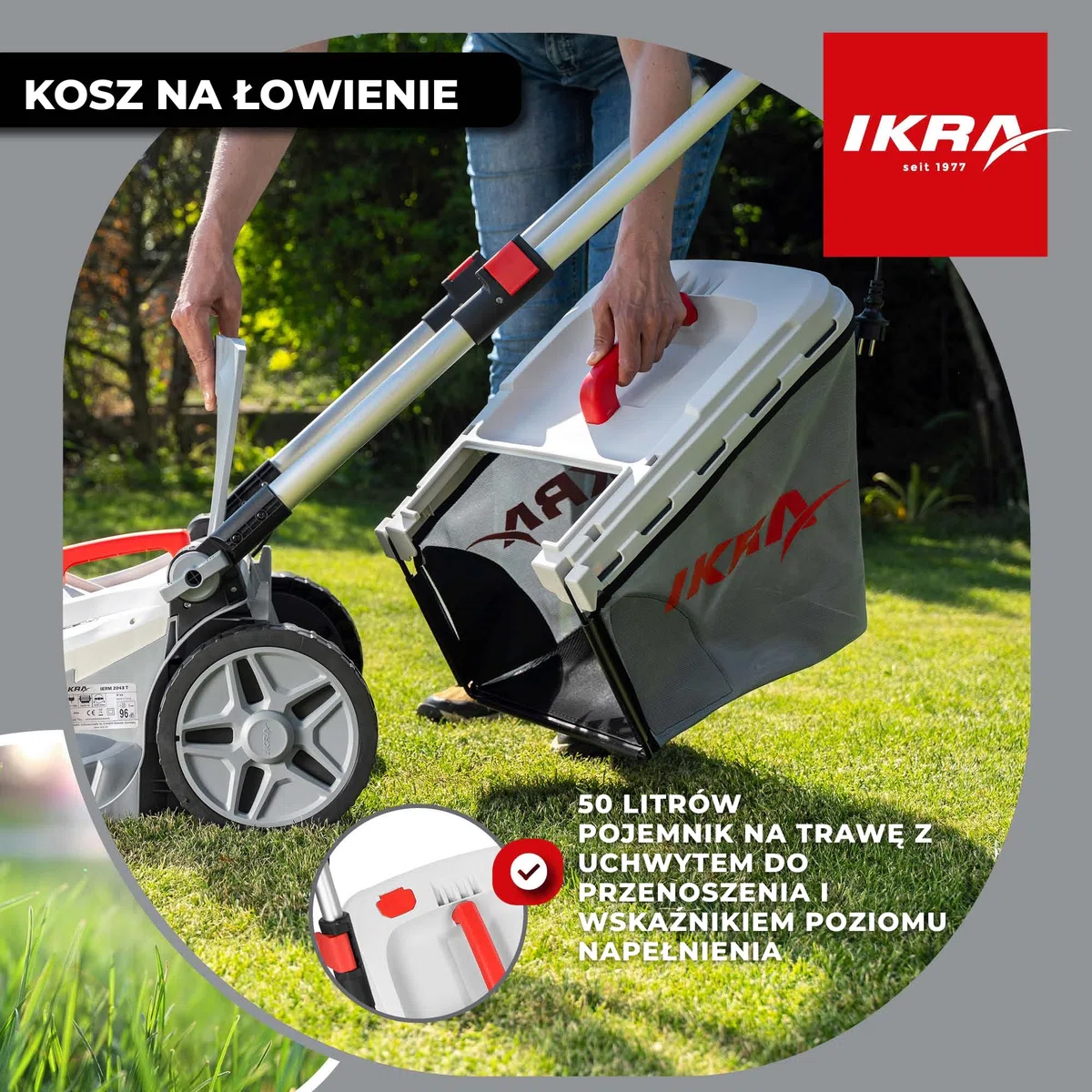 IKRA Kosiarka elektryczna IERM 2043 T, 2000W, szerokość koszenia 43 cm | 3-stopniowa regulacja uchwytu, 5 wysokości koszenia 30–75 mm, kosz 50 l i zestaw do mulczowania, hartowany nóż