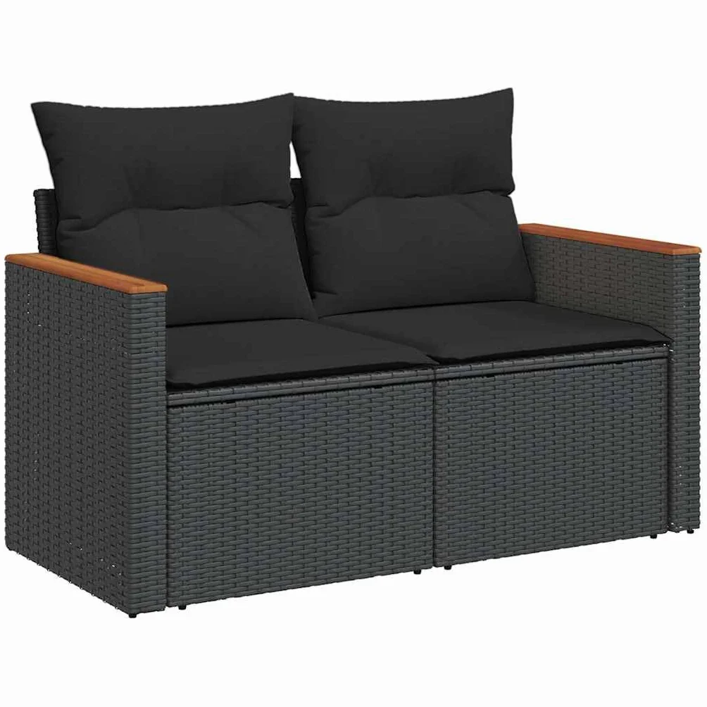 vidaXL Sofa ogrodowa z poduszkami, 2-osobowa, czarna, z polirattanu