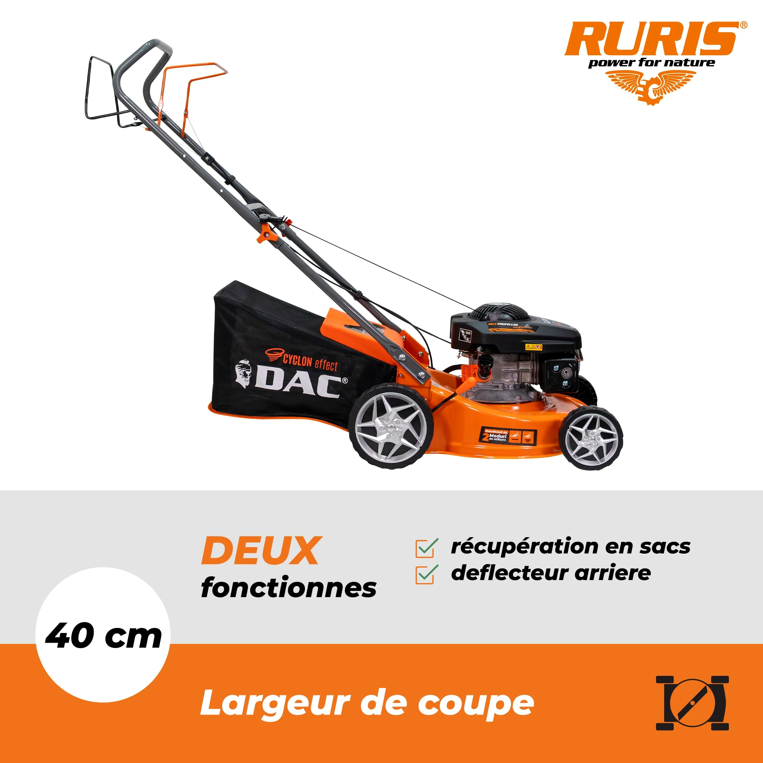 RURIS DAC 110XLS Termiczna kosiarka spalinowa, silnik 3,3 KM, 131 cm³, szerokość cięcia 400 mm, regulowana wysokość 25-65 mm, kosz 45 l, wyrzut tylny, metalowa rama